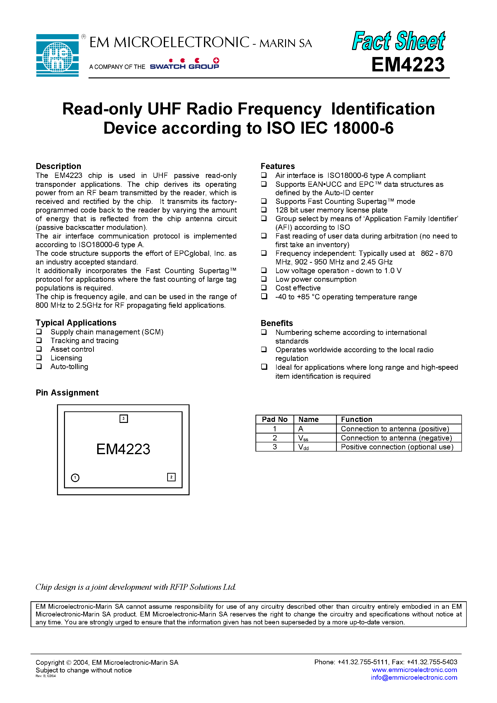 Datasheet EM4223 - Read-only UHF Radio Frequency Identification Device according to ISO IEC 18000-6 page 1