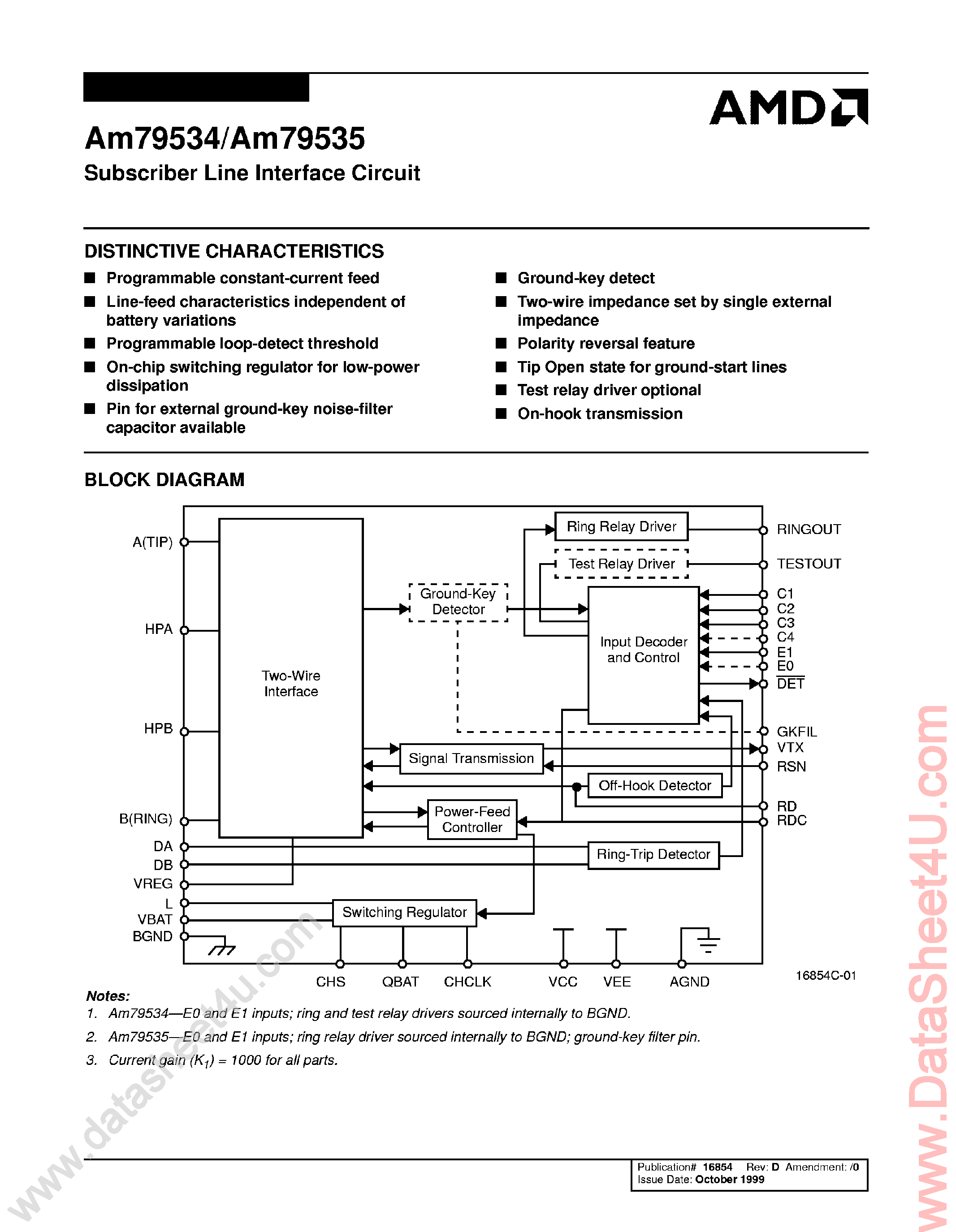 Datasheet AM79534 page 1 Datasheet AM79534 - (AM79534 / AM79535) Subscriber Line Interface Circuit page 1
