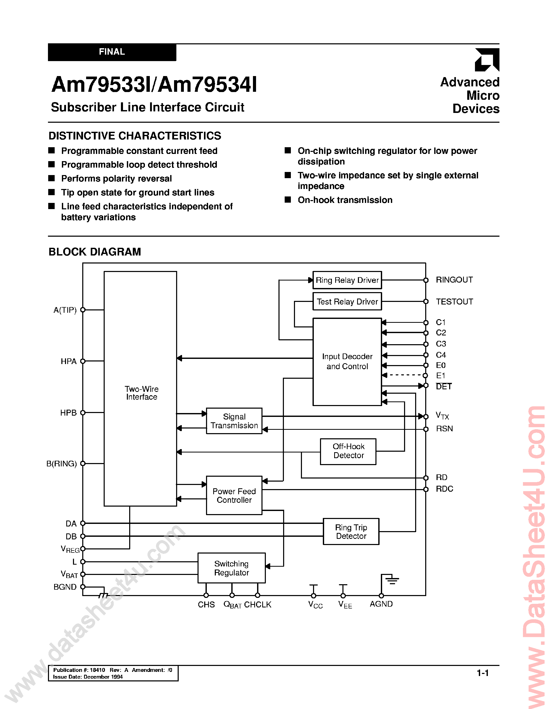 Datasheet AM79533I page 1 Datasheet AM79533I - (AM79533I / AM79534I) Subscriber Line Interface Circuit page 1