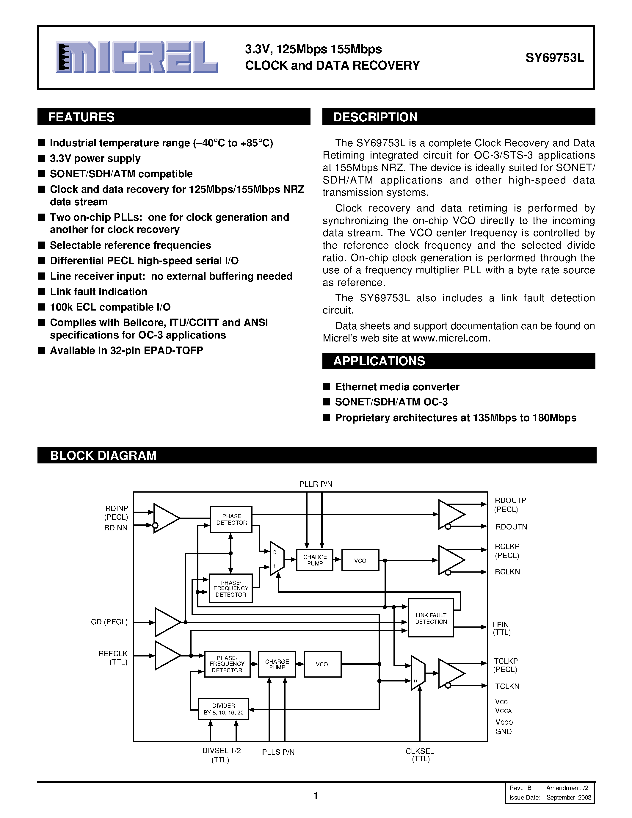 Datasheet SY69753L - 3.3V 125 MBPS 155 MBPS CLOCK AND DATA RECOVERY page 1