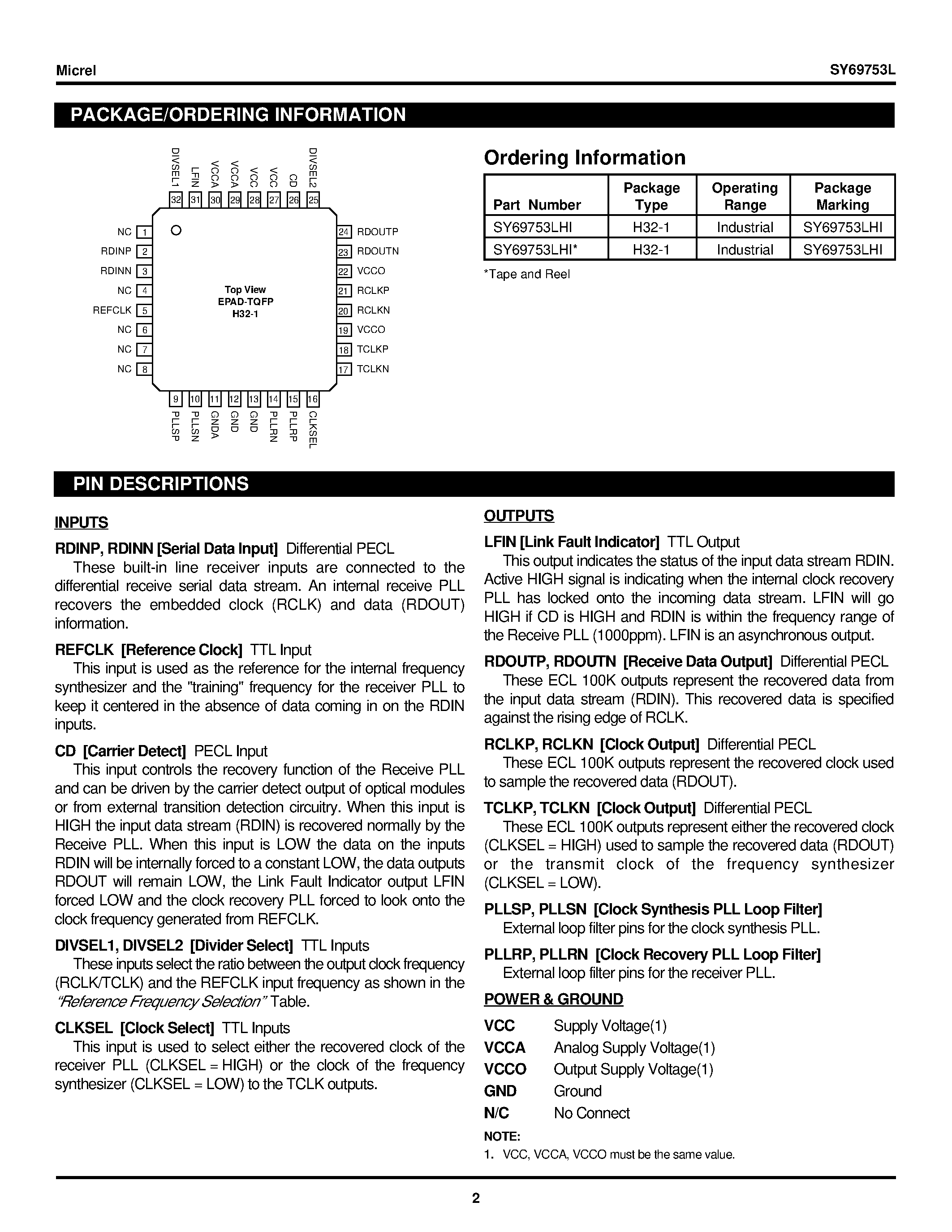 Datasheet SY69753L - 3.3V 125 MBPS 155 MBPS CLOCK AND DATA RECOVERY page 2