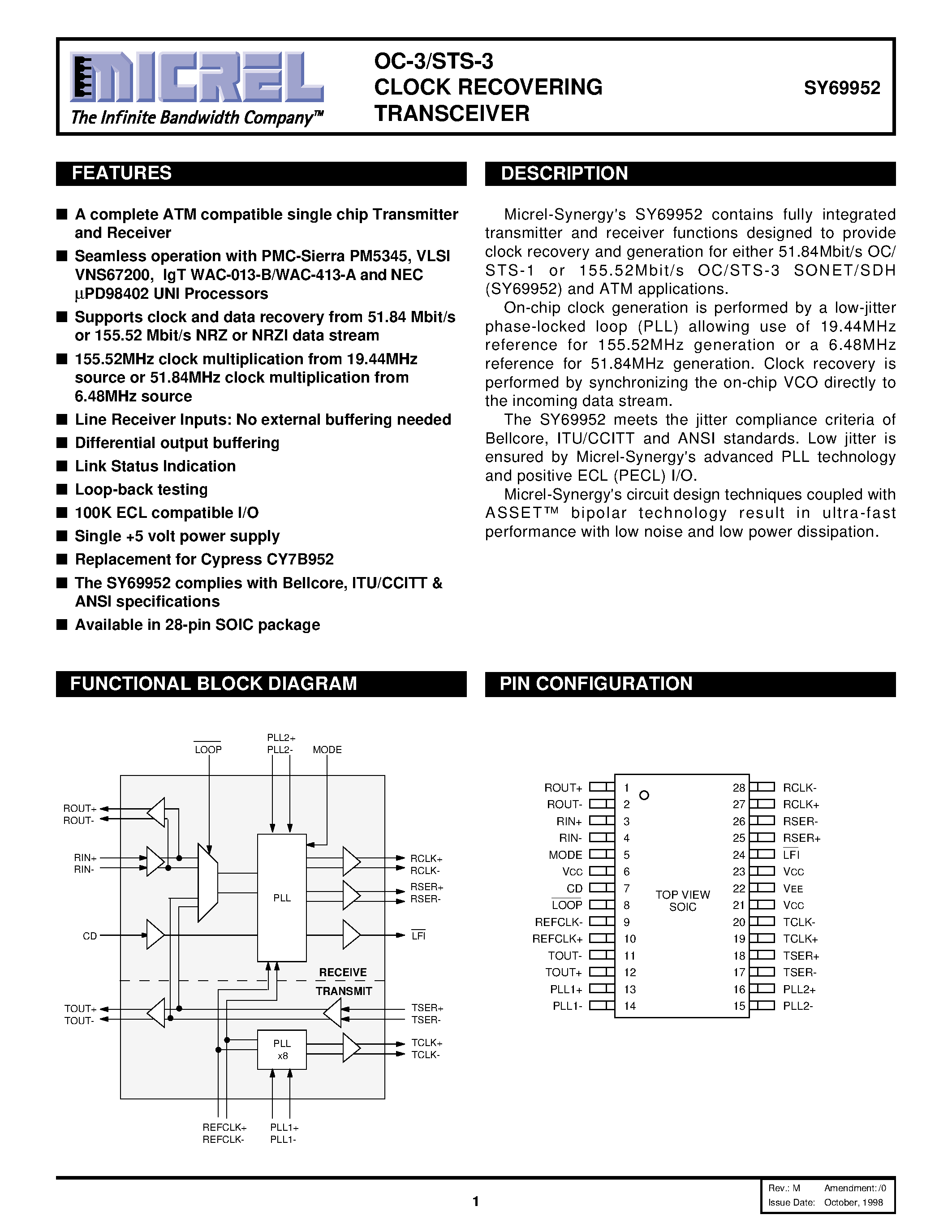 Datasheet SY69952 - OC-3/STS-3 CLOCK RECOVERING TRANSCEIVER page 1