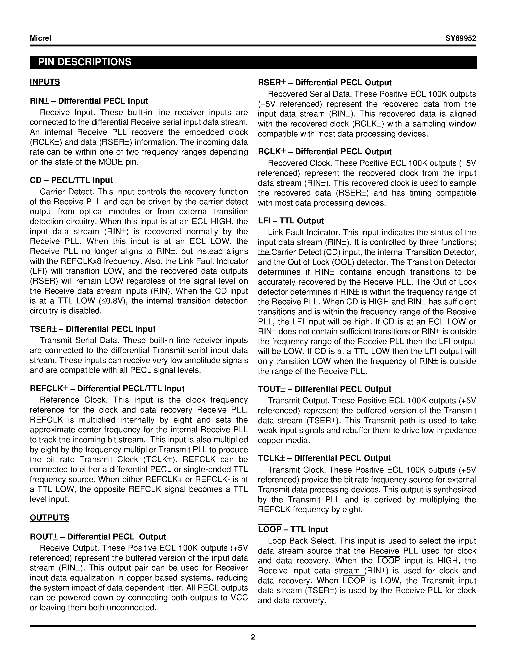 Datasheet SY69952 - OC-3/STS-3 CLOCK RECOVERING TRANSCEIVER page 2