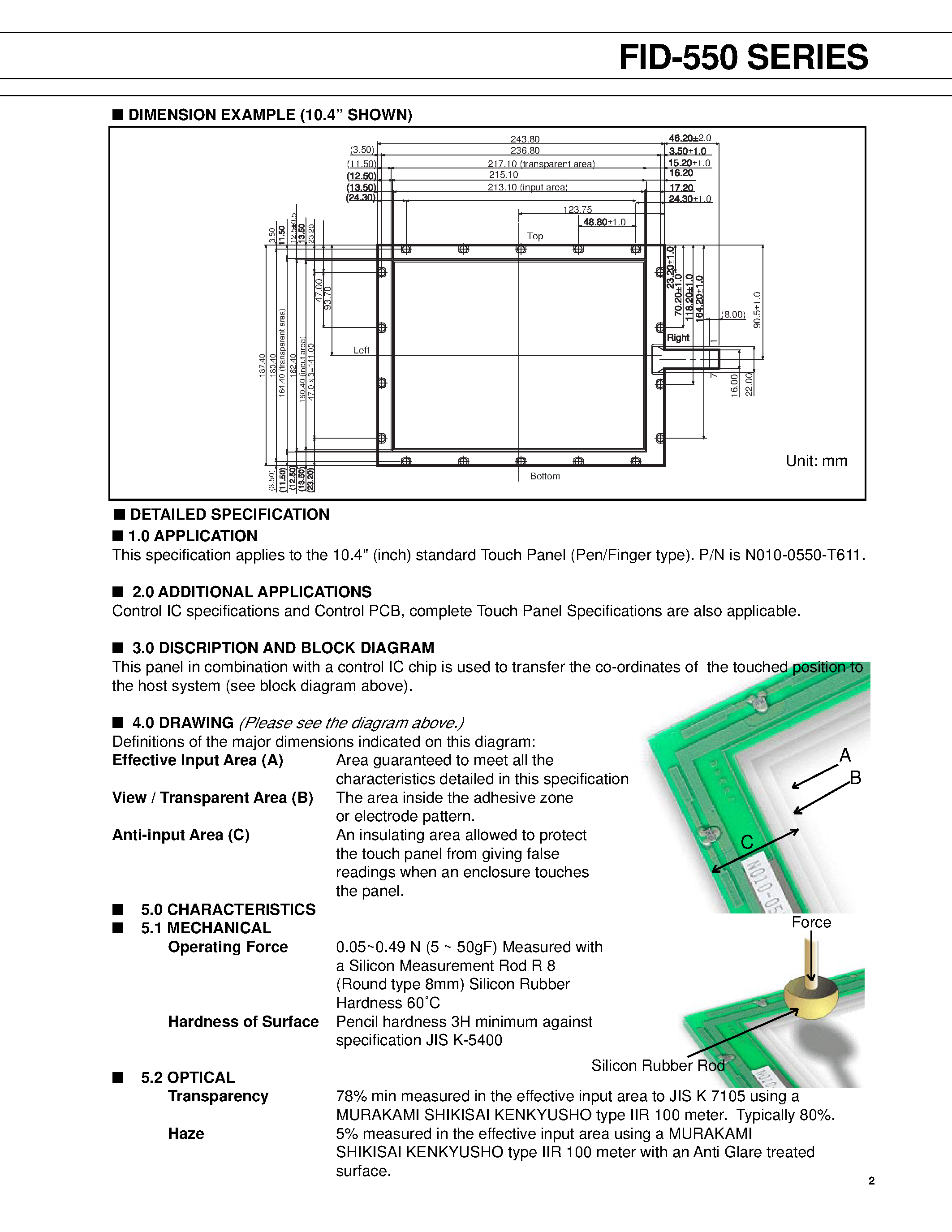 Datasheet FID-550 page 2 Datasheet FID-550 - Resistive Touch Panel Specification page 2