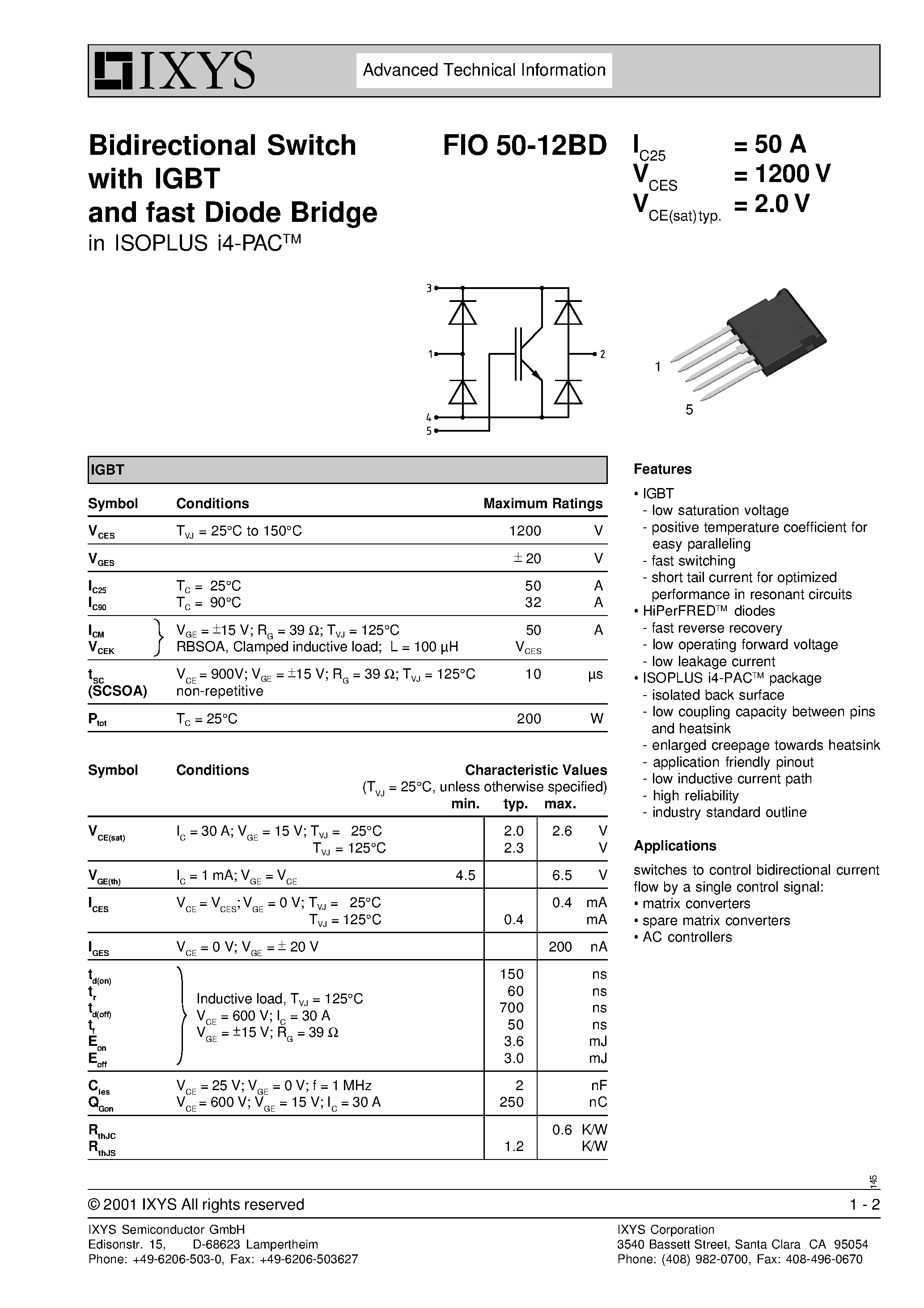 Даташит на микросхему FID50-12BD страница 1 Даташит FID50-12BD - Bidirectional Switch with IGBT and fast Diode Bridge страница 1