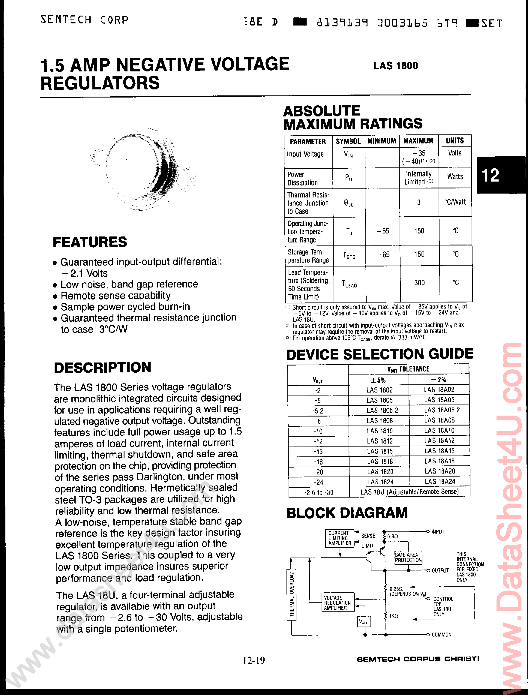 Datasheet LAS1802 page 1 Datasheet LAS1802 - (LAS1800 Series) 1.5 Amp Negative Voltage Regulators page 1