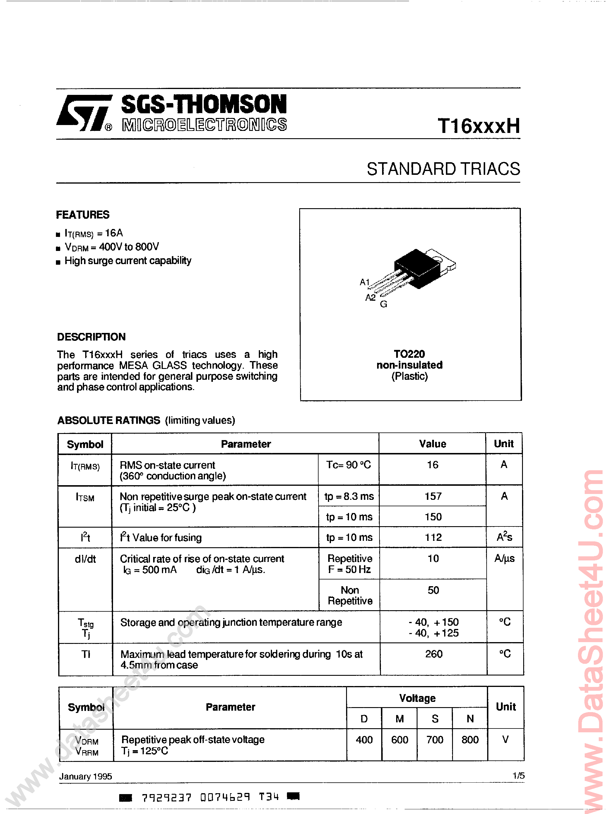 Datasheet T1613MH - (T16xxxH) STANDARD TRIACS page 1