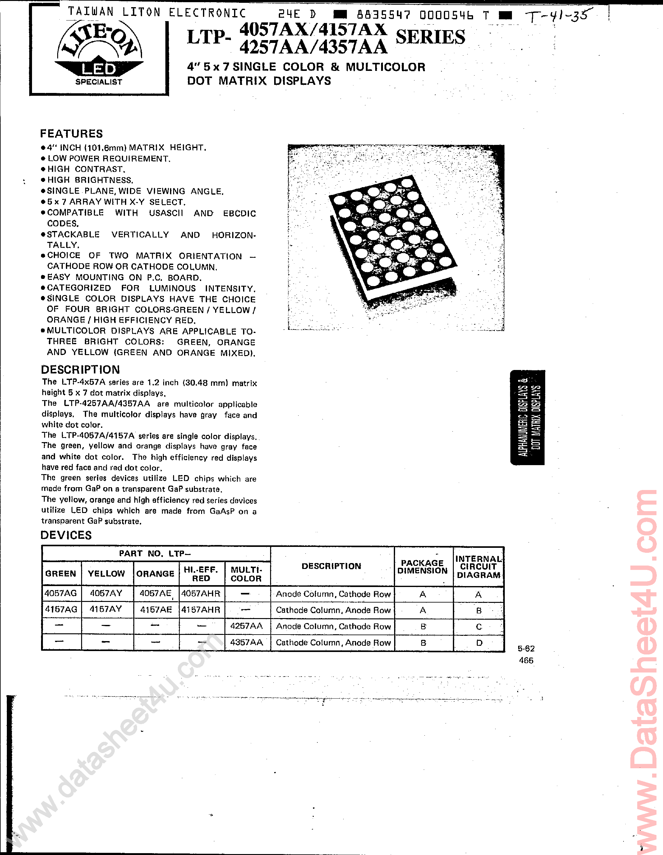Даташит на микросхему LTP-4057AX страница 1 Даташит LTP-4057AX - (LTP-4x57A) 5 X 7 DOT MATRIX LED DISPLAY страница 1