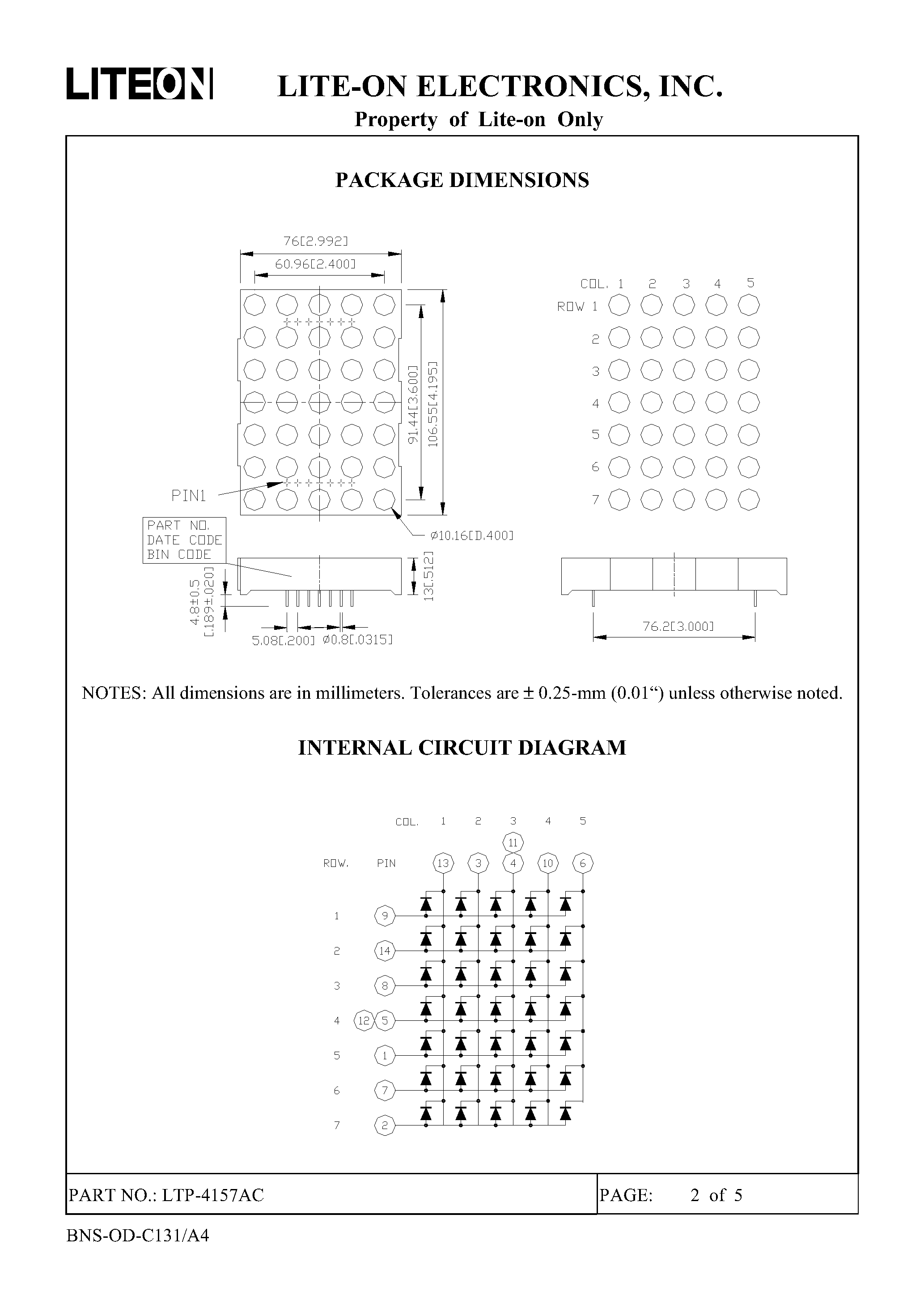 Даташит на микросхему LTP-4157AC страница 2 Даташит LTP-4157AC - 5 X 7 DOT MATRIX LED DISPLAY страница 2