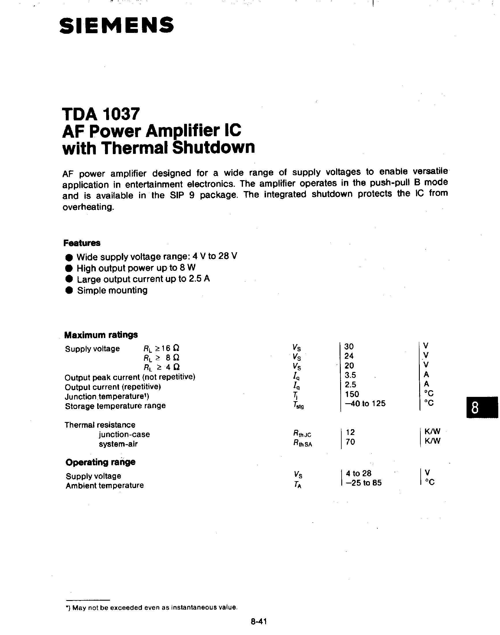 Datasheet TDA1037 page 1 Datasheet TDA1037 - AF POWER AMPLIFIER IC WITH THERMAL SHUTDOWN page 1