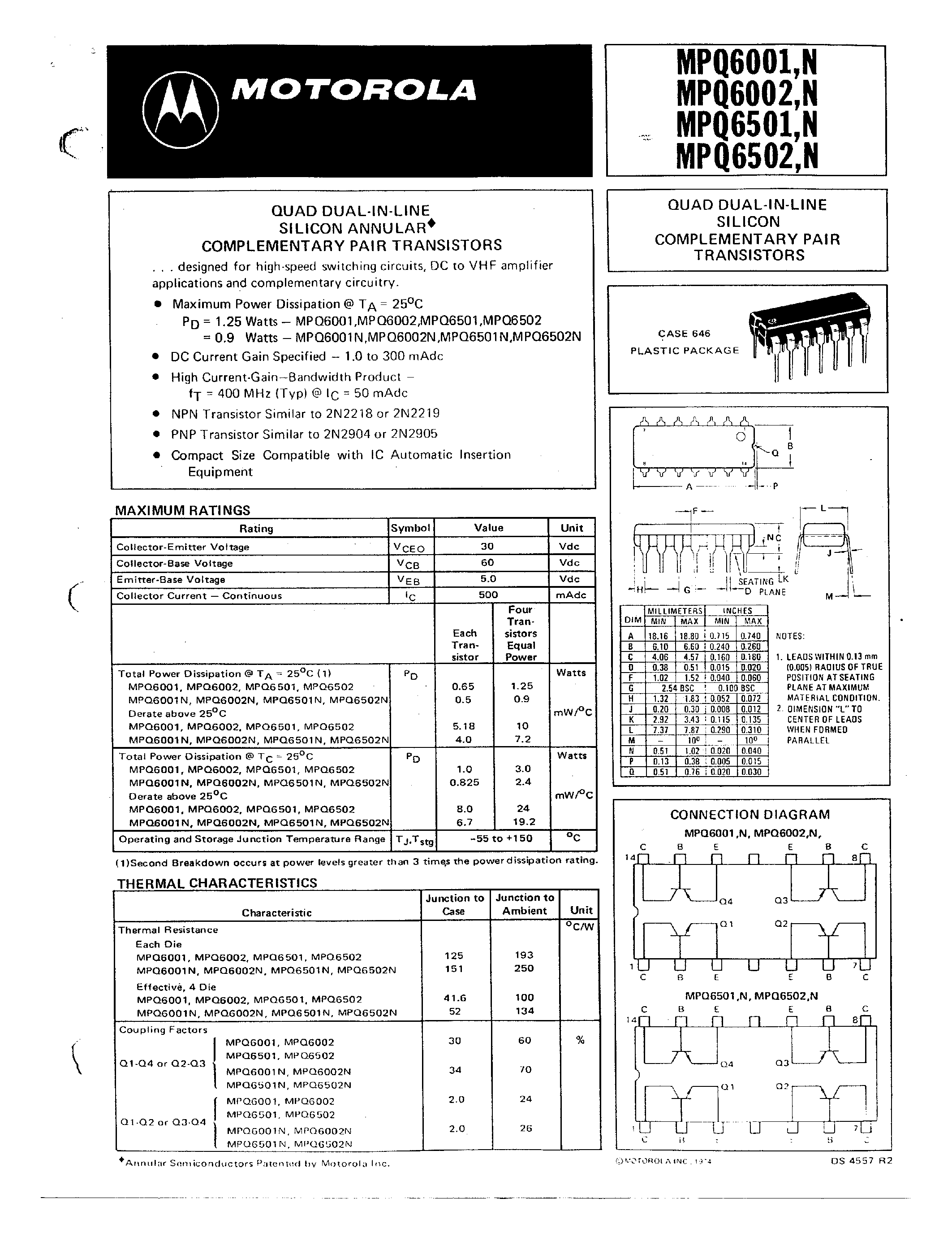 Datasheet MPQ6001 - (MPQ6001 / MPQ6002 / MPQ6501 / MPQ6502) QUAD DUAL IN LINE SILICON COMPLEMENTARY PAIR TRANSISTORS page 1