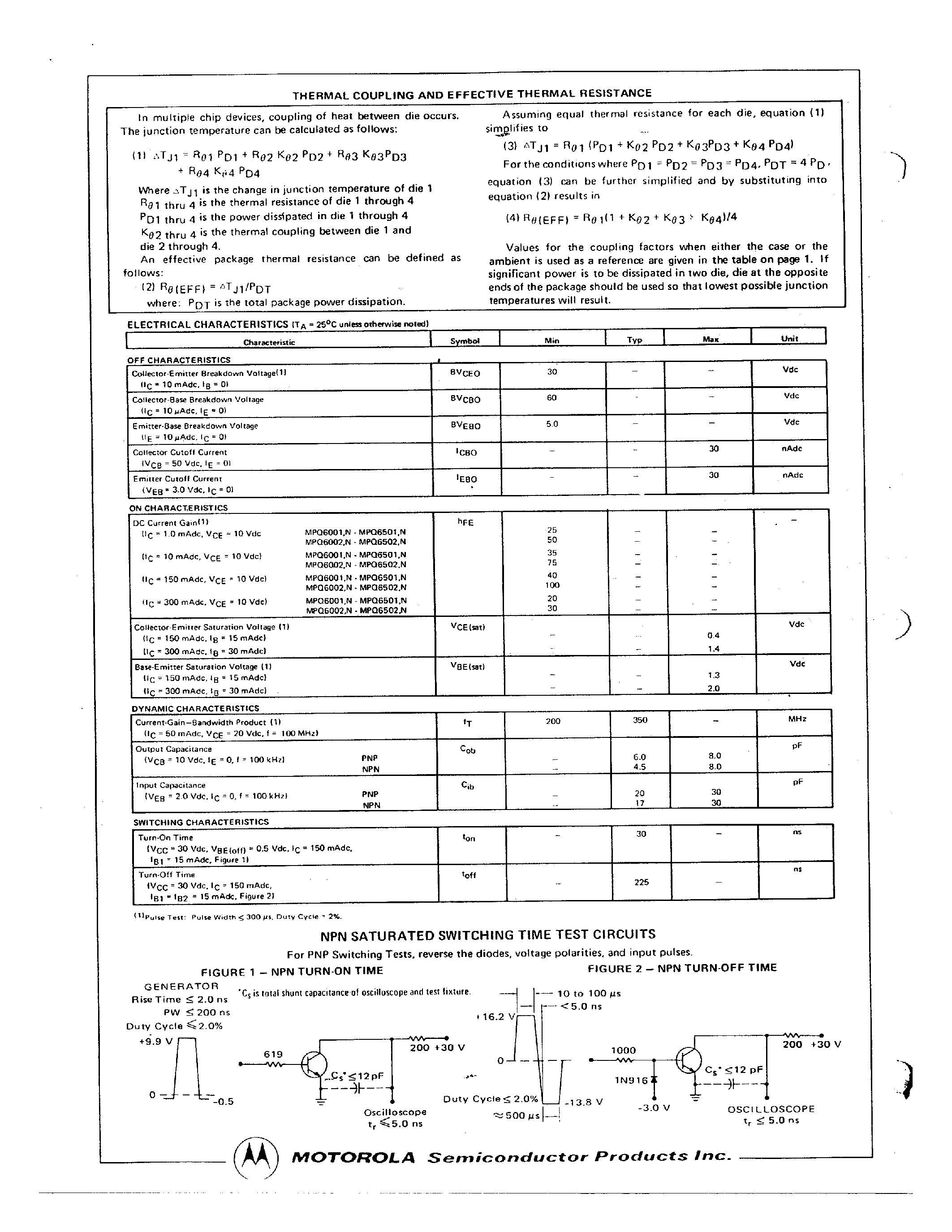 Datasheet MPQ6001 - (MPQ6001 / MPQ6002 / MPQ6501 / MPQ6502) QUAD DUAL IN LINE SILICON COMPLEMENTARY PAIR TRANSISTORS page 2