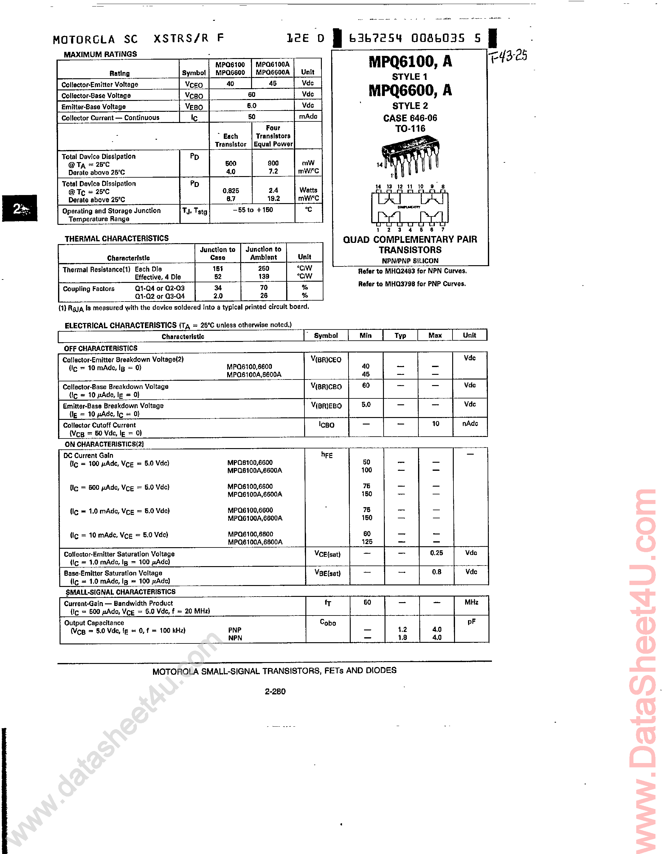 Datasheet MPQ6100 page 1 Datasheet MPQ6100 - (MPQ6100 / MPQ6600) Quad Complementary Pair Transistors page 1