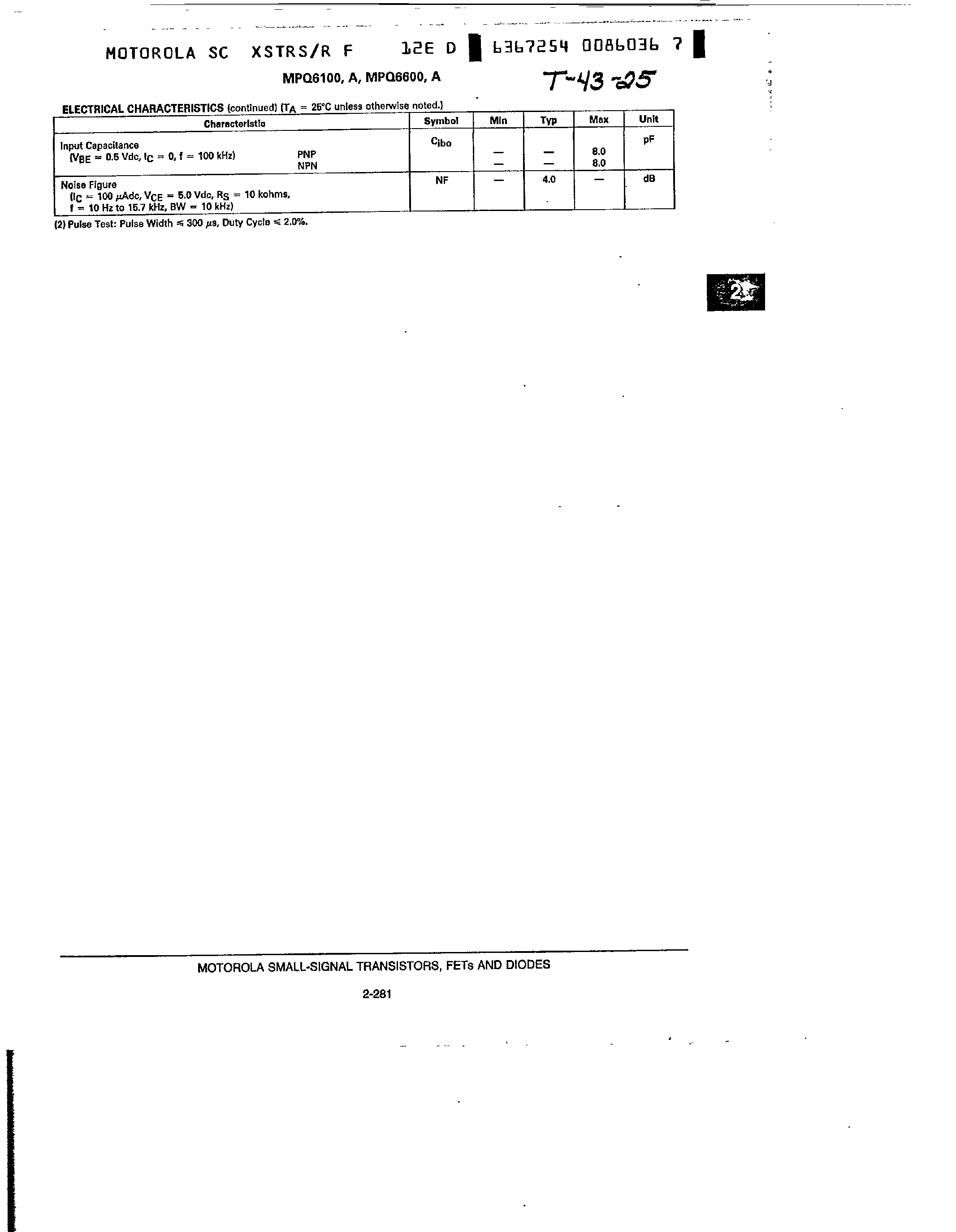 Datasheet MPQ6100 page 2 Datasheet MPQ6100 - (MPQ6100 / MPQ6600) Quad Complementary Pair Transistors page 2