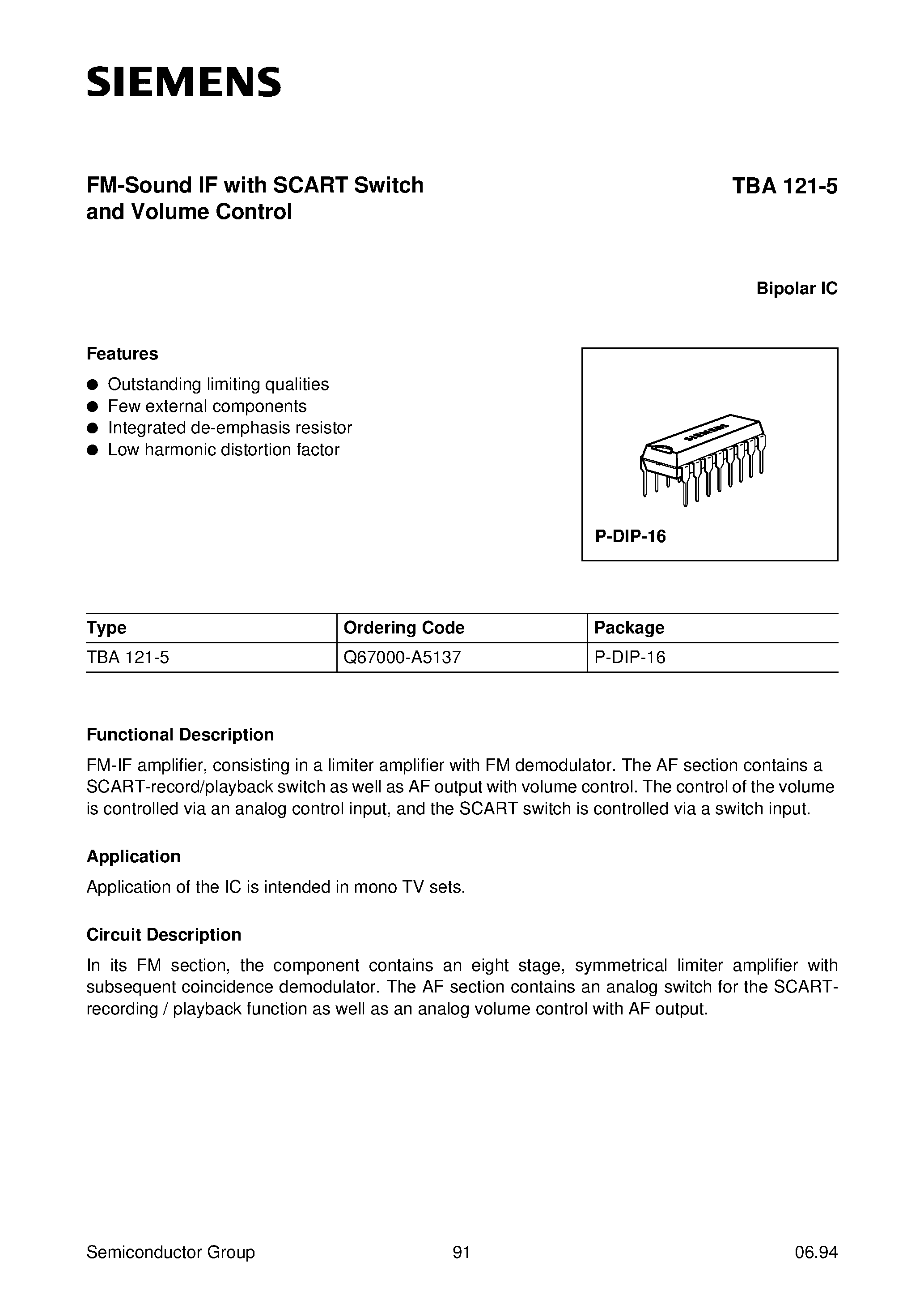 Datasheet TBA121-5 - FM-Sound IF with SCART Switch and Volume Control page 1