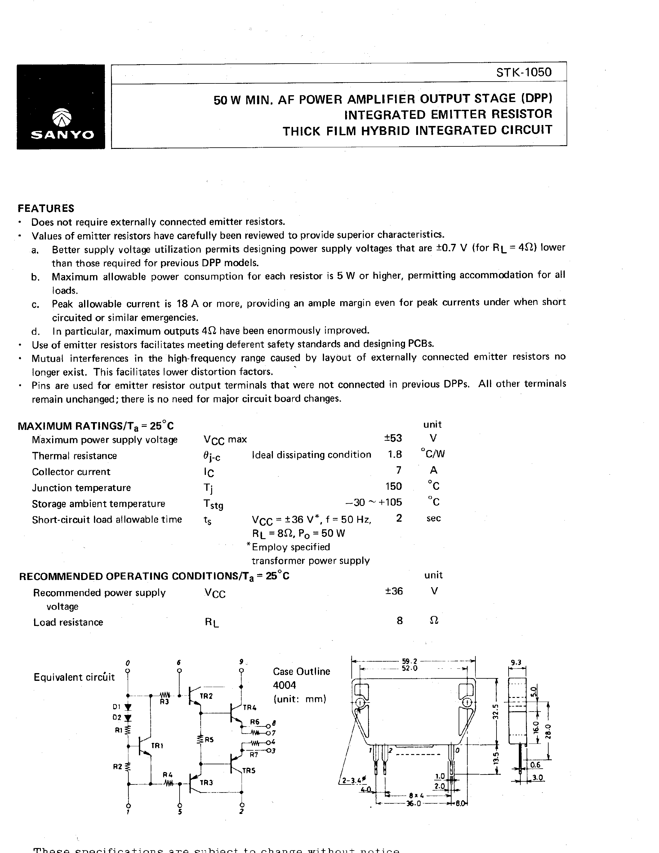 Datasheet STK-1050 - 50W min AF Power Amplifier Output Stage Integrated Emitter Resistor Thick Film Hybrid Integrated Circuit page 1