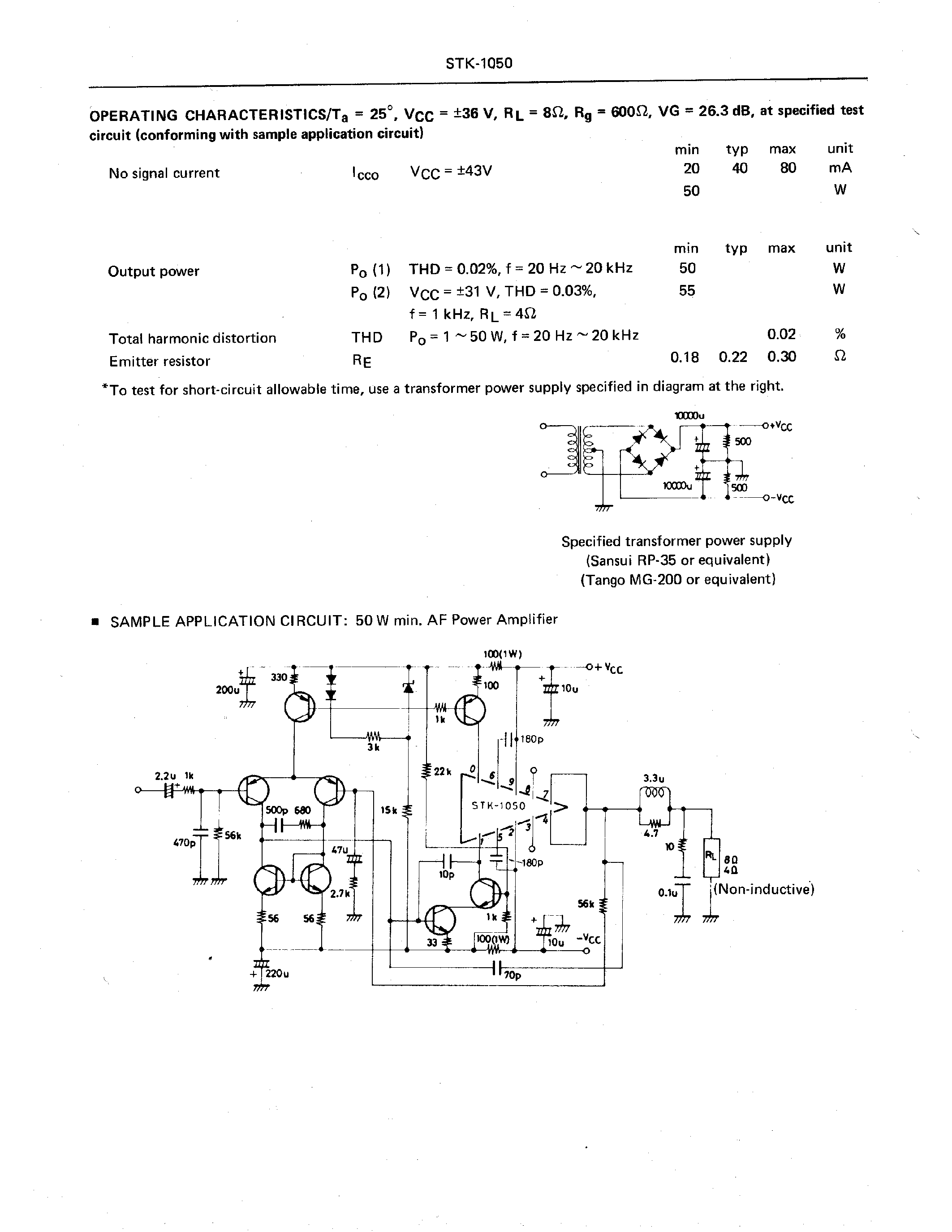 Datasheet STK-1050 - 50W min AF Power Amplifier Output Stage Integrated Emitter Resistor Thick Film Hybrid Integrated Circuit page 2