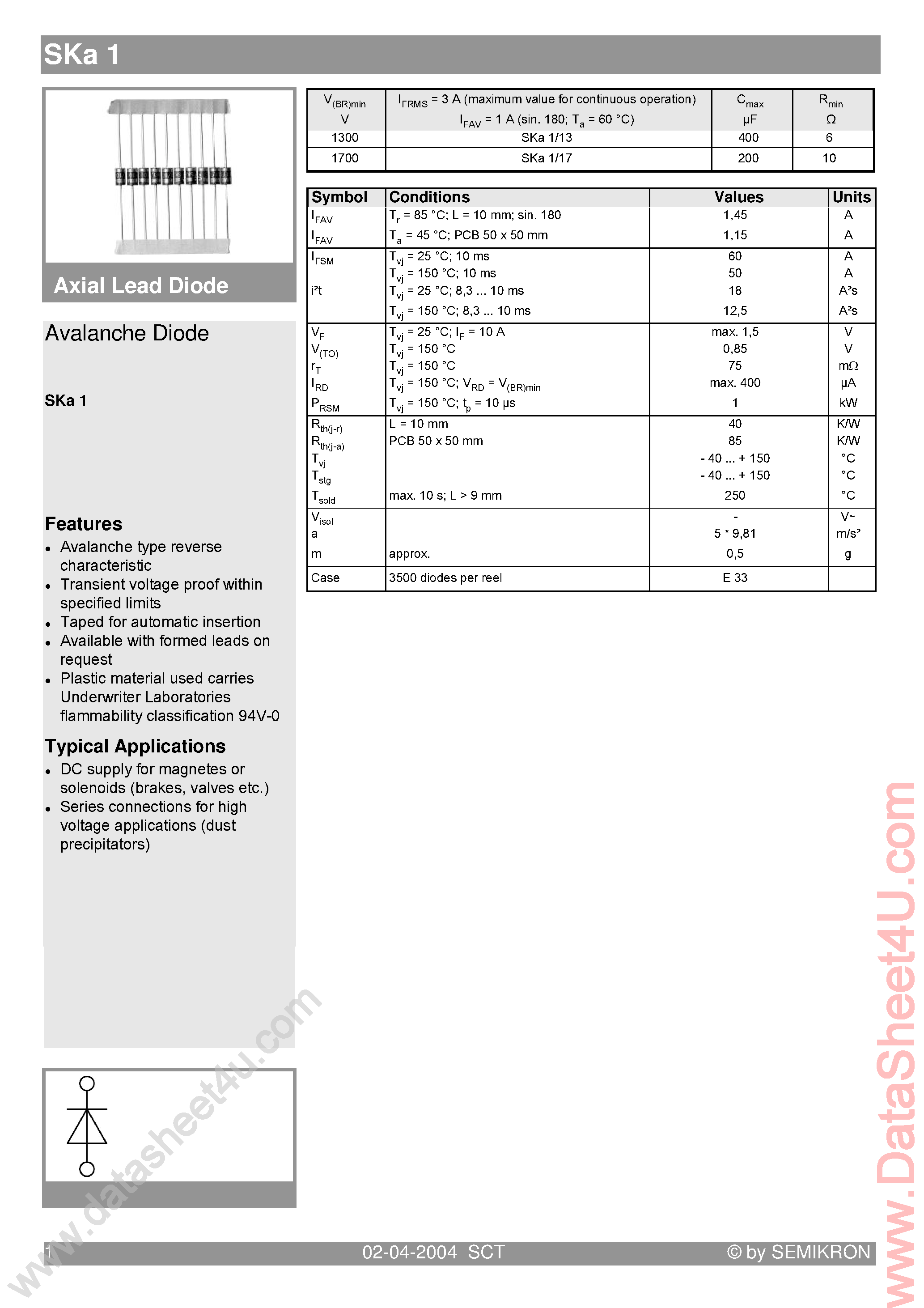 Datasheet SKA1/13 page 1 Datasheet SKA1/13 - (SKA1/13 / SKA1/17) RECTIFIER DIODE page 1
