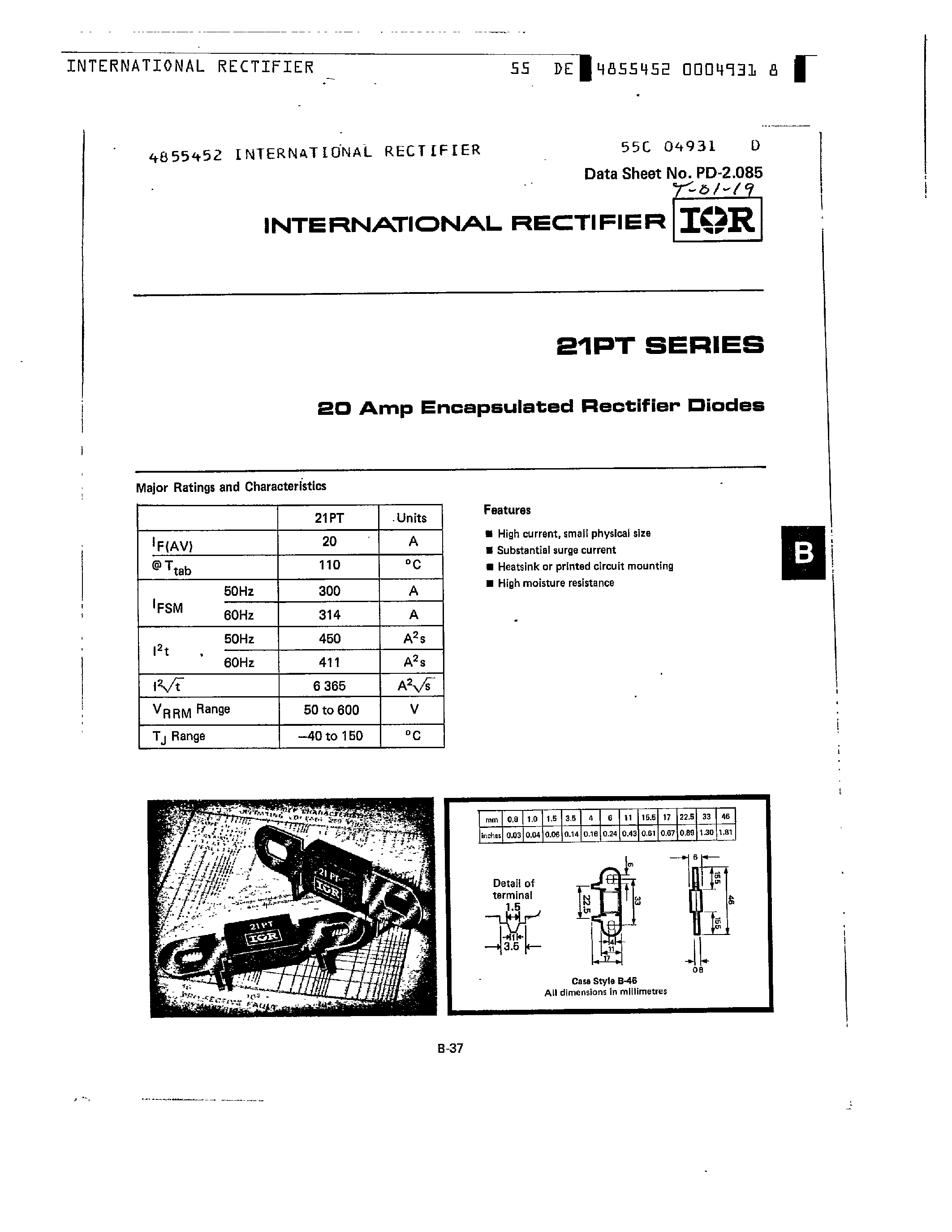 Datasheet 21PT10 - (21PT Series) 20 AMP ENCAPSULATED RECTIFIER DIODES page 1