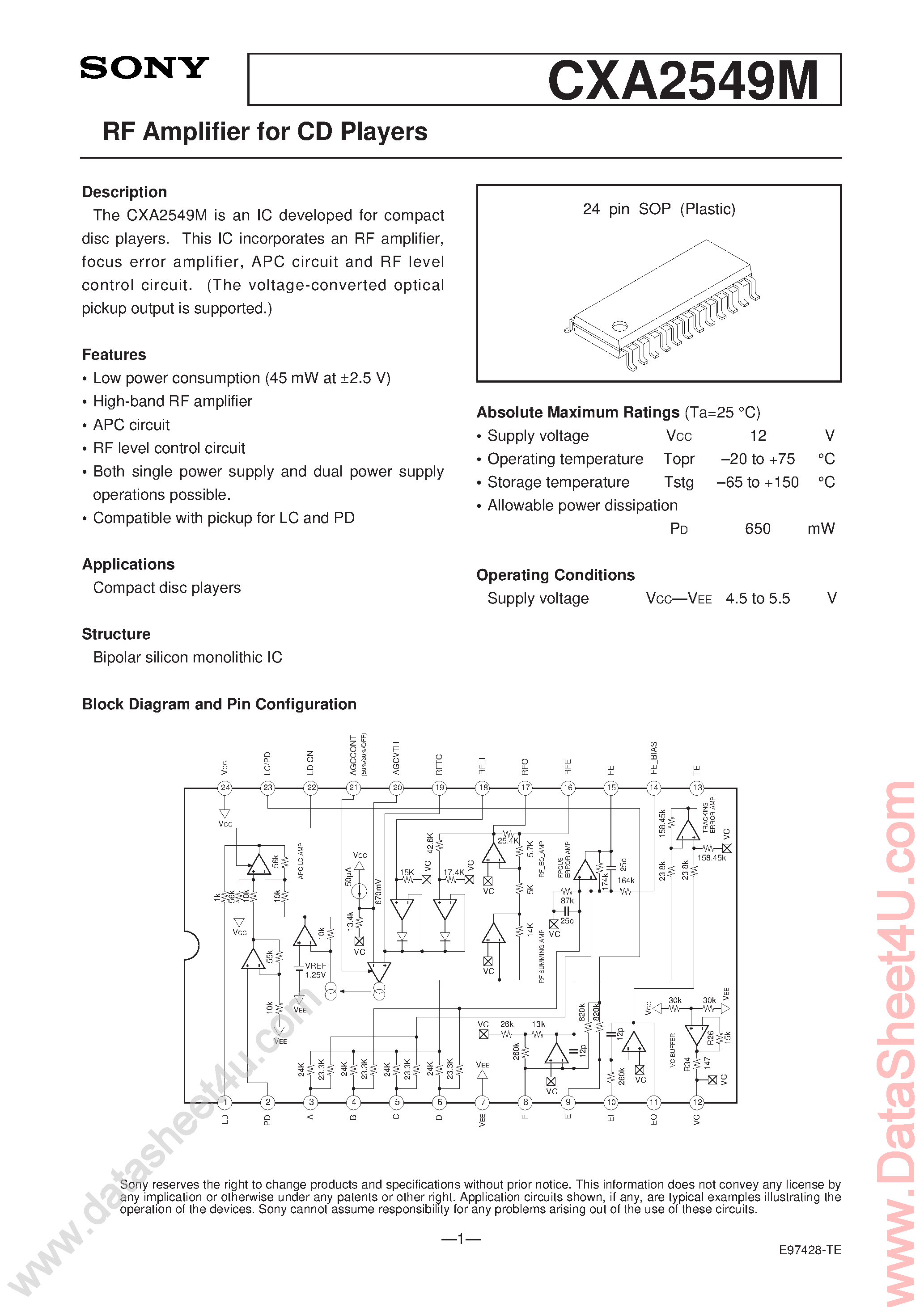 Даташит CXA2549M - RF Amplifier for CD Players страница 1