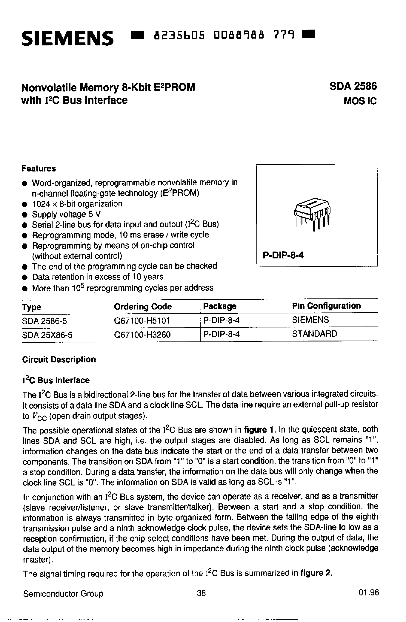 Даташит на микросхему SDA2586 страница 1 Даташит SDA2586 - NONVOLATILE MEMORY 8-KBIT EPROM WITH IC BUS INTERFACE страница 1