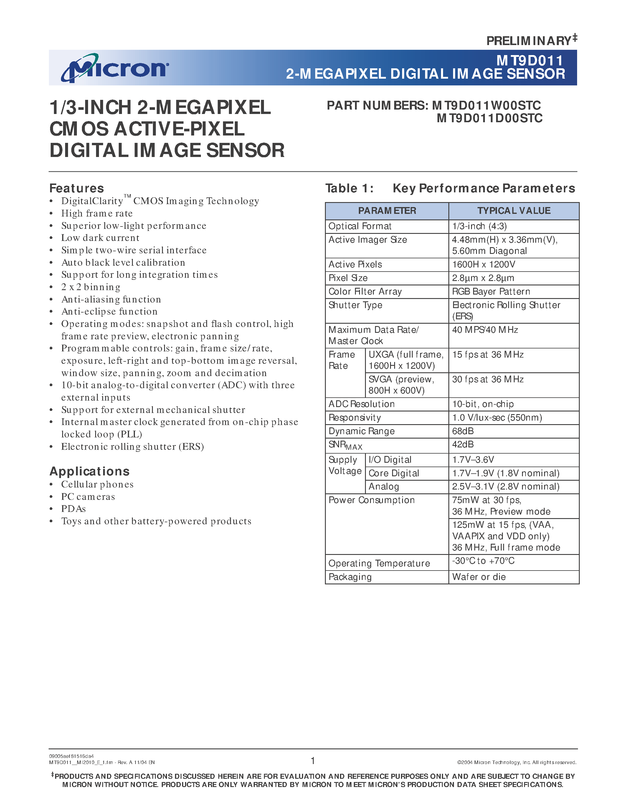 Даташит на микросхему MT9D011 страница 1 Даташит MT9D011 - 1/3-INCH 2-MEGAPIXEL CMOS ACTIVE-PIXEL DIGITAL IMAGE SENSOR страница 1
