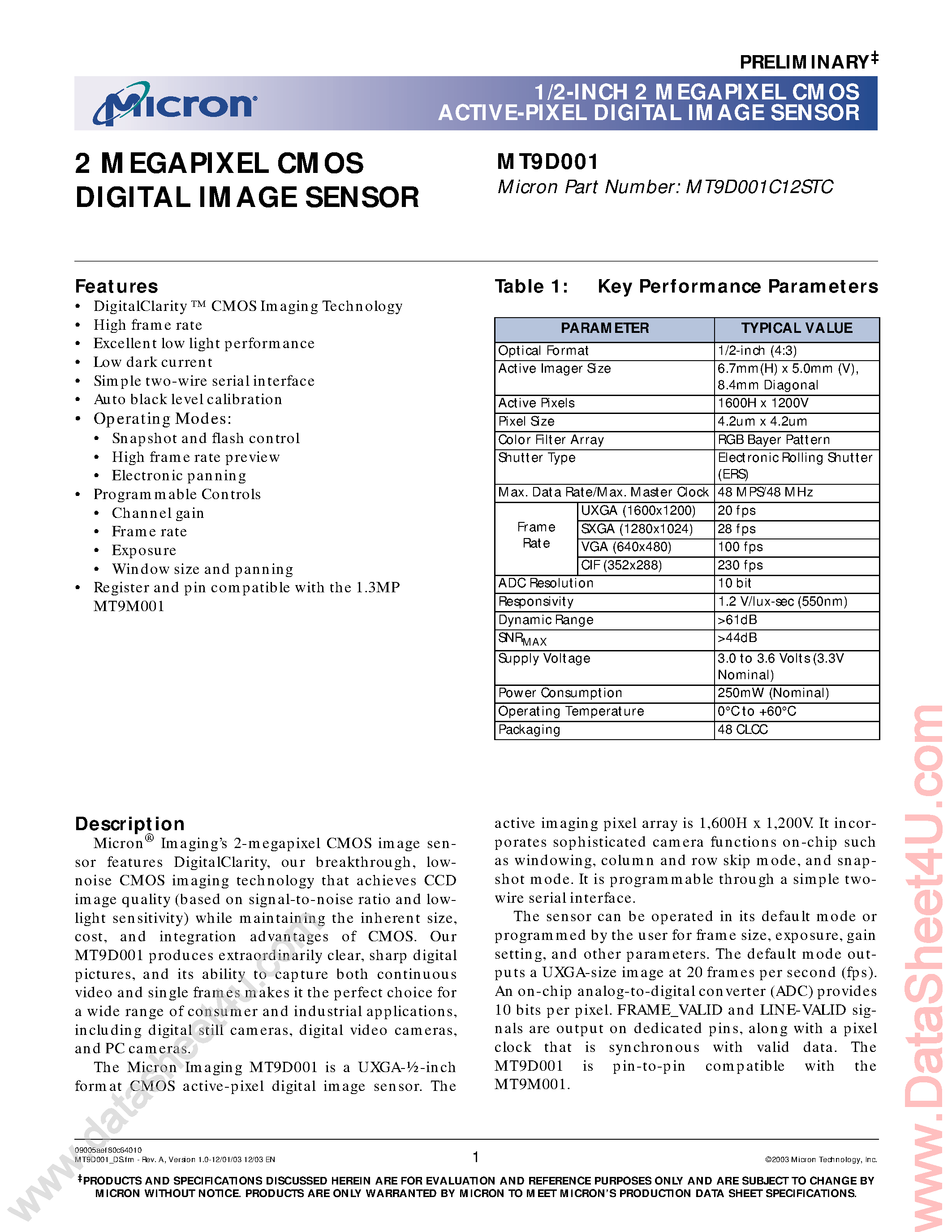Даташит на микросхему MT9D001 страница 1 Даташит MT9D001 - 1/2-Inch 2 Megapixel CMOS Active-pixel Digital Image Sensor страница 1