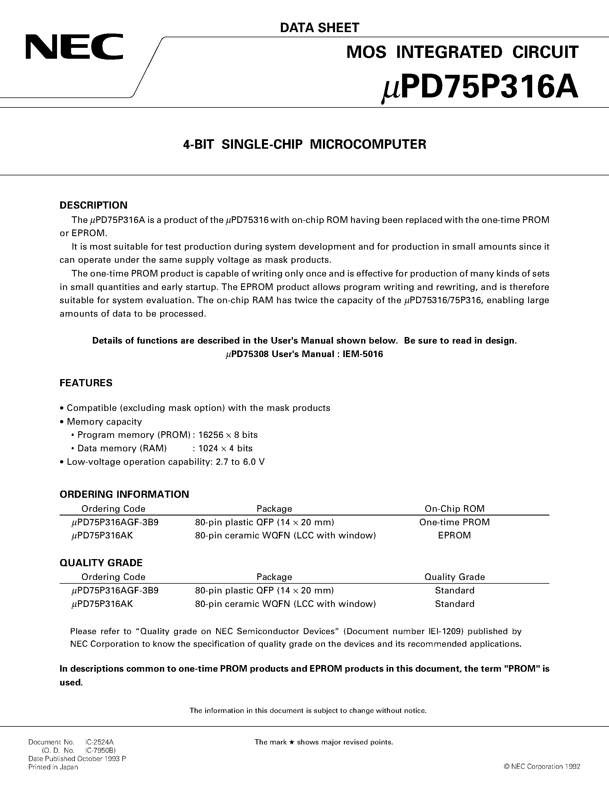 Datasheet UPD75P316A - 4-BIT SINGLE-CHIP MICROCOMPUTER page 1