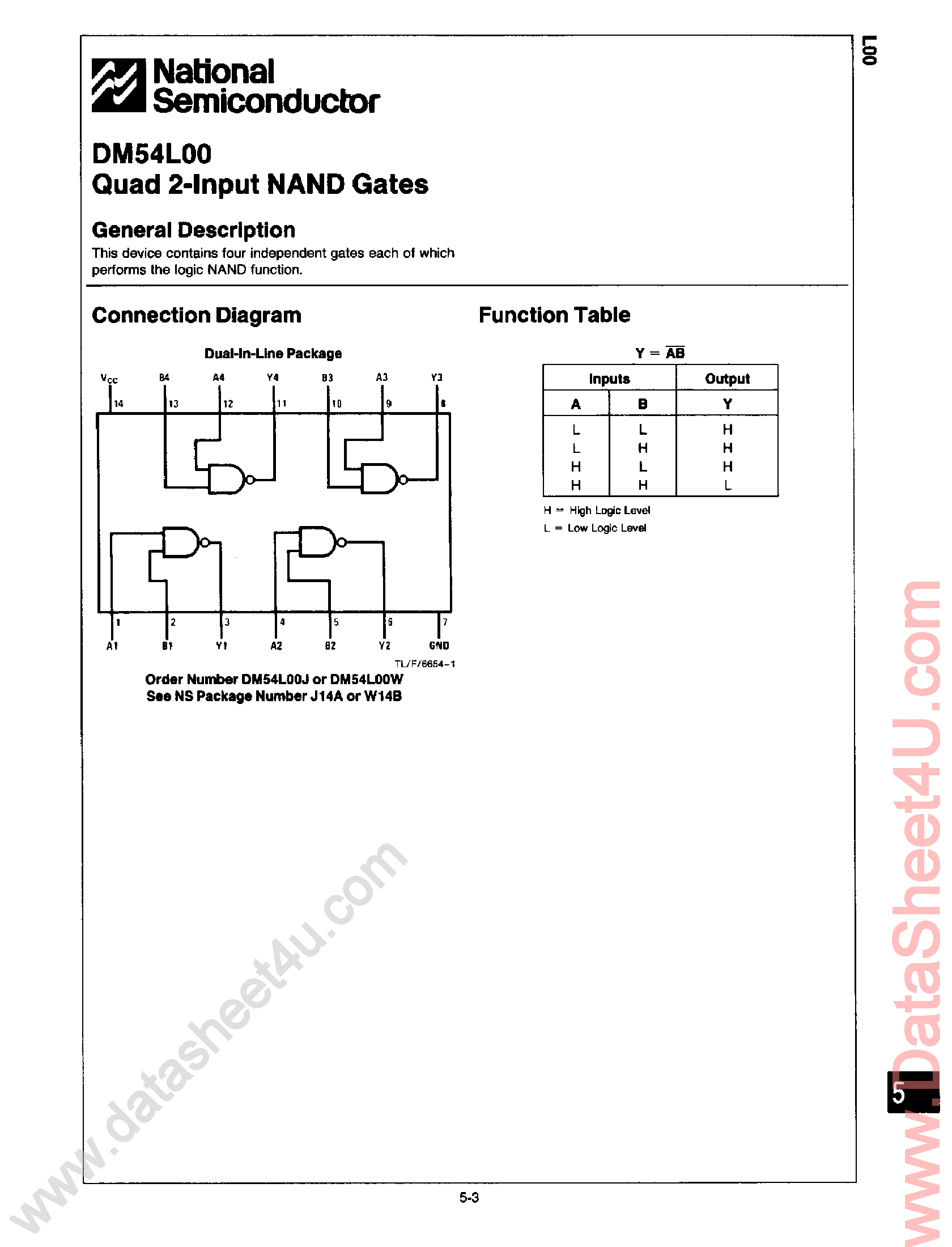 Даташит на микросхему DM54L00 страница 1 Даташит DM54L00 - Quad 2-Input NAND Gates страница 1