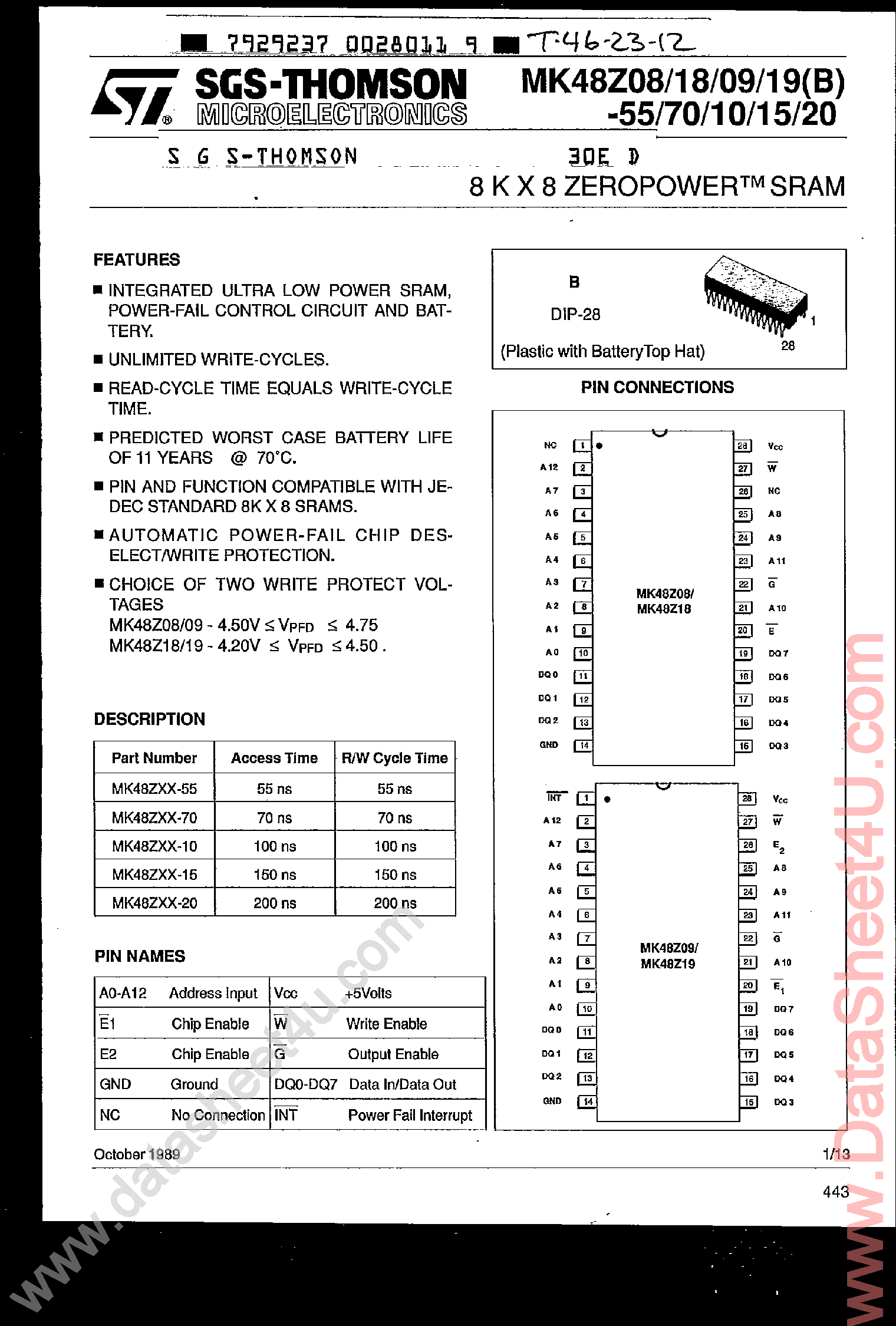 Datasheet MK48Z08 - (MK48Z08/18/19/09) 8K x 8 Zero Power SRAM page 1