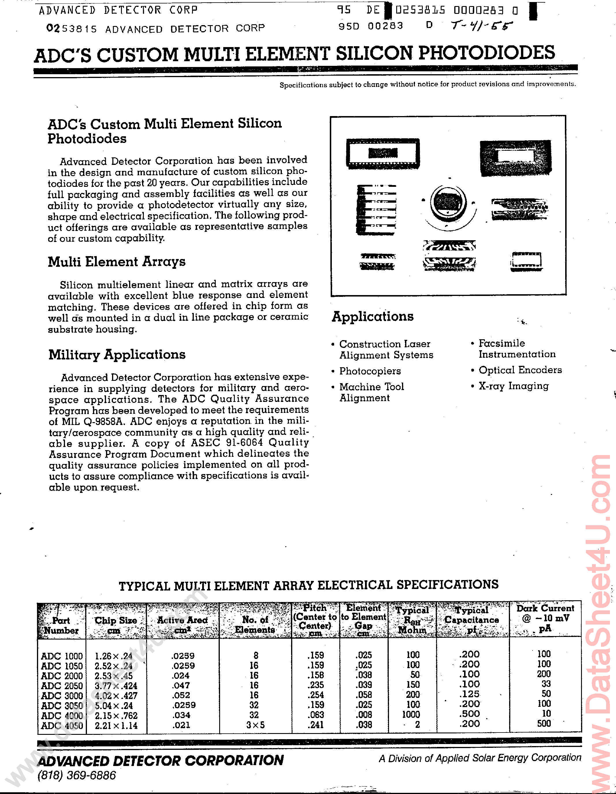 Даташит на микросхему ADC1000 страница 1 Даташит ADC1000 - (ADC1000 - ADC4050) Custom Multi Element Silicon Photodiodes страница 1