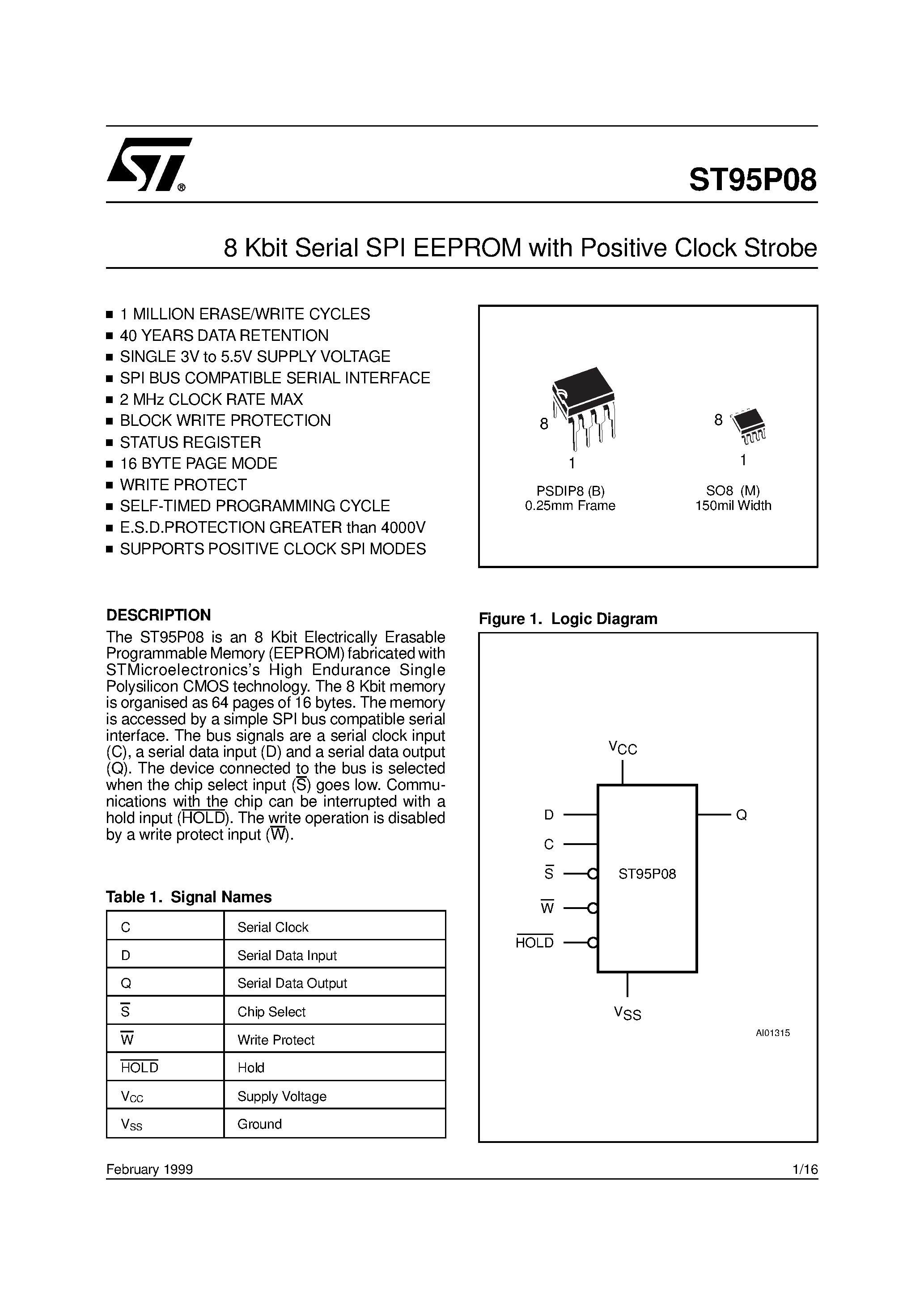 Даташит ST95P08 - 8 Kbit Serial SPI EEPROM with Positive Clock Strobe страница 1