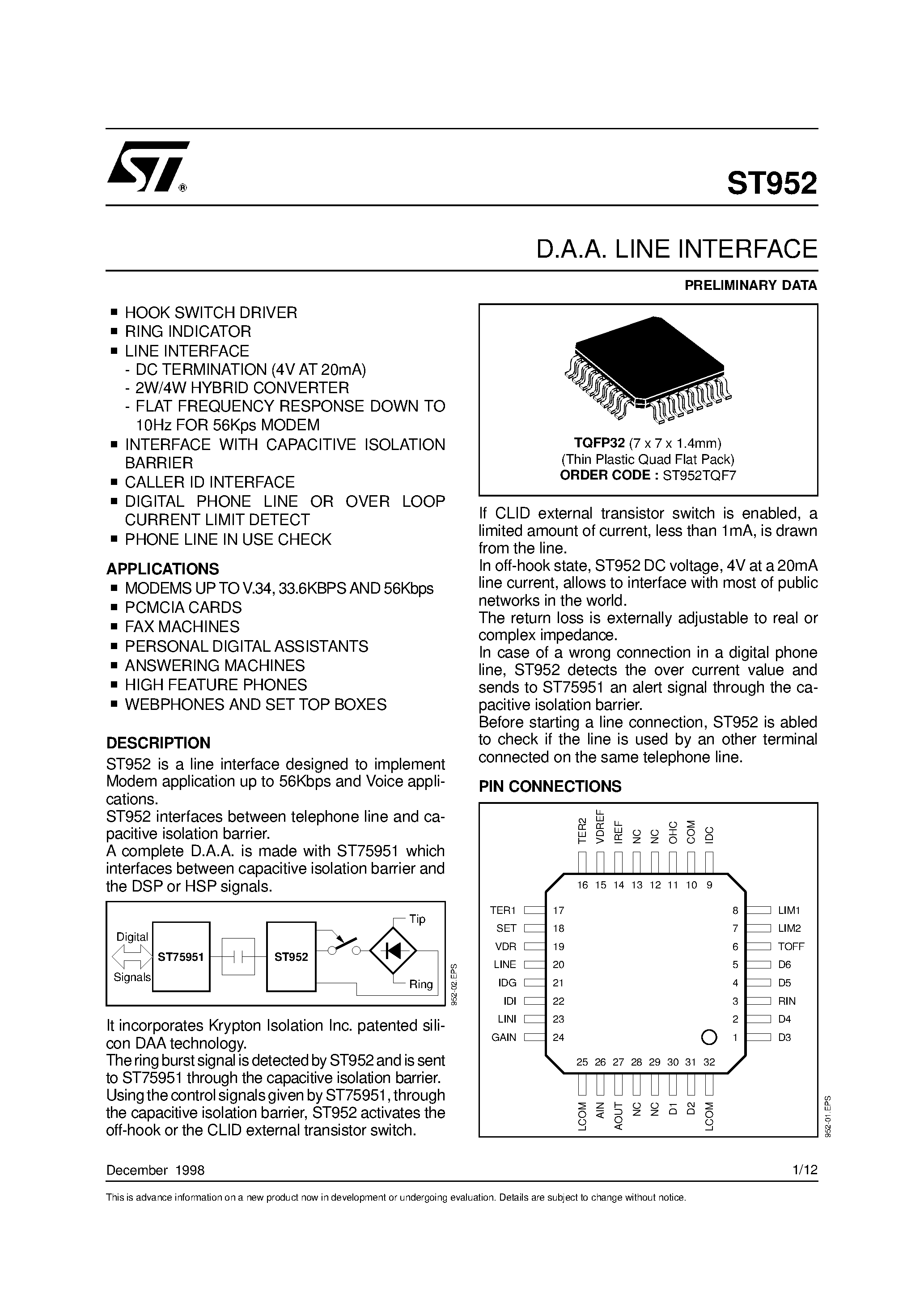 Datasheet ST952 - D.A.A. LINE INTERFACE page 1