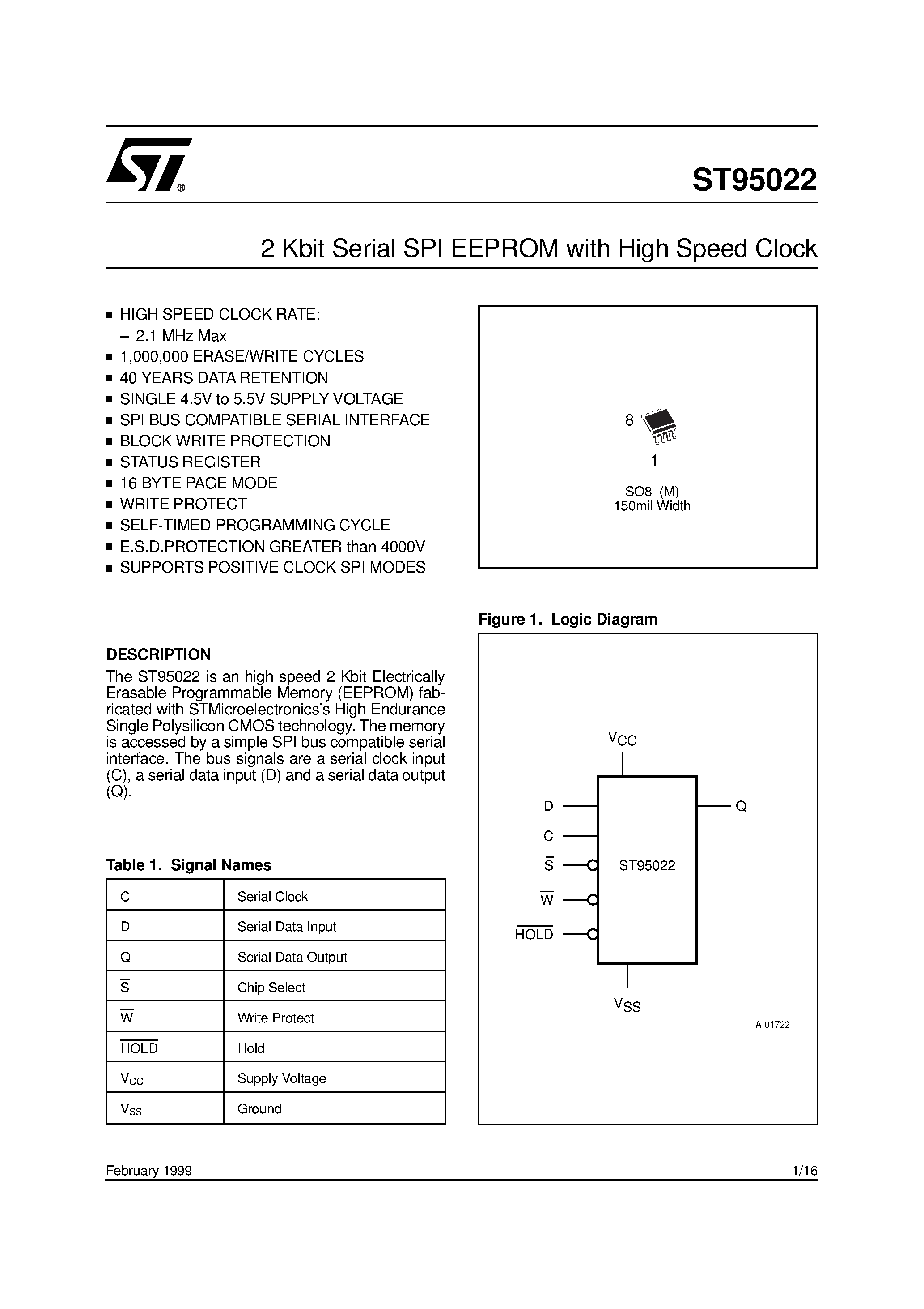 Datasheet ST95022 - 2 Kbit Serial SPI EEPROM with High Speed Clock page 1