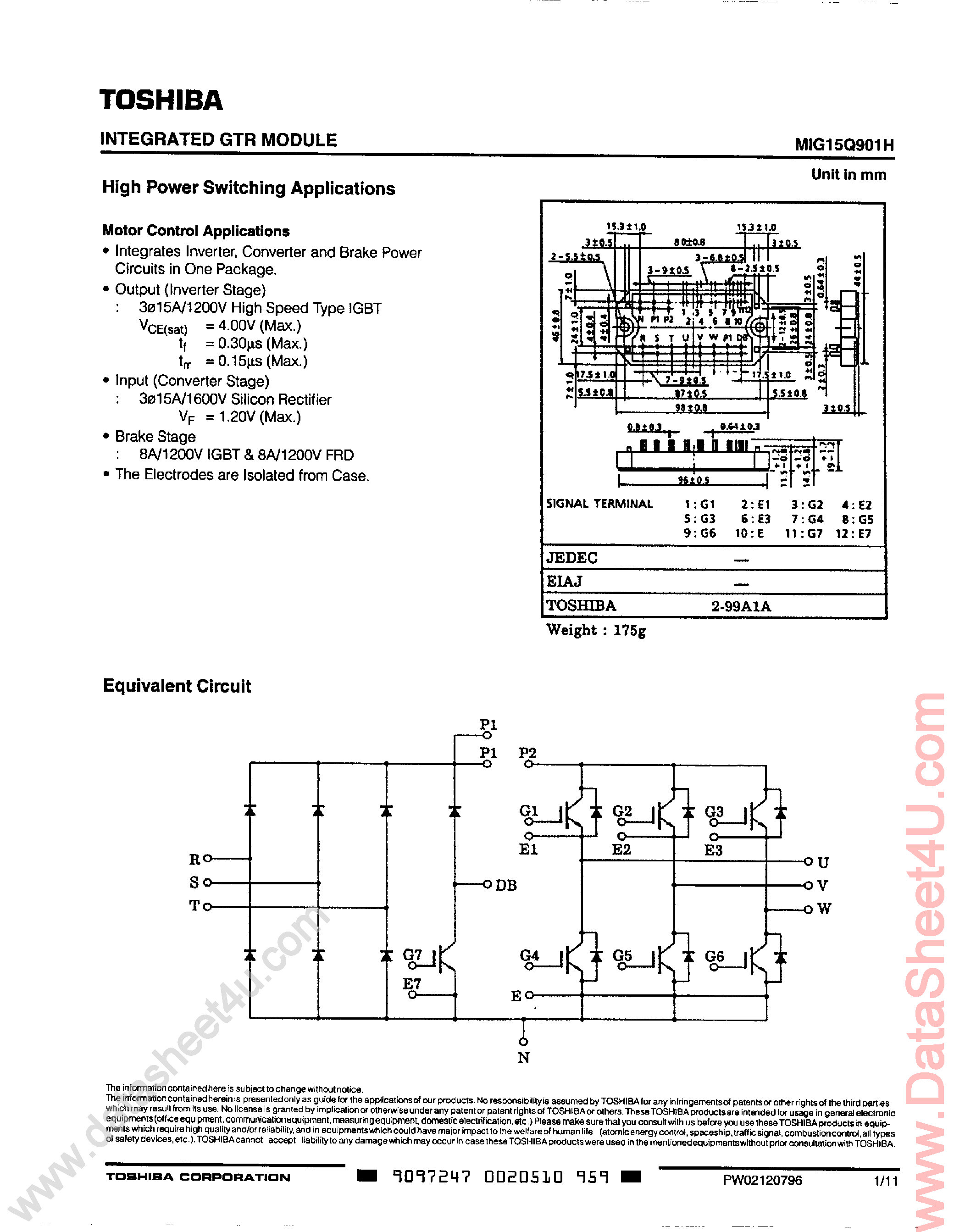 Datasheet MIG15Q901H page 1 Datasheet MIG15Q901H - High Power Switching Applications / GTR Module page 1
