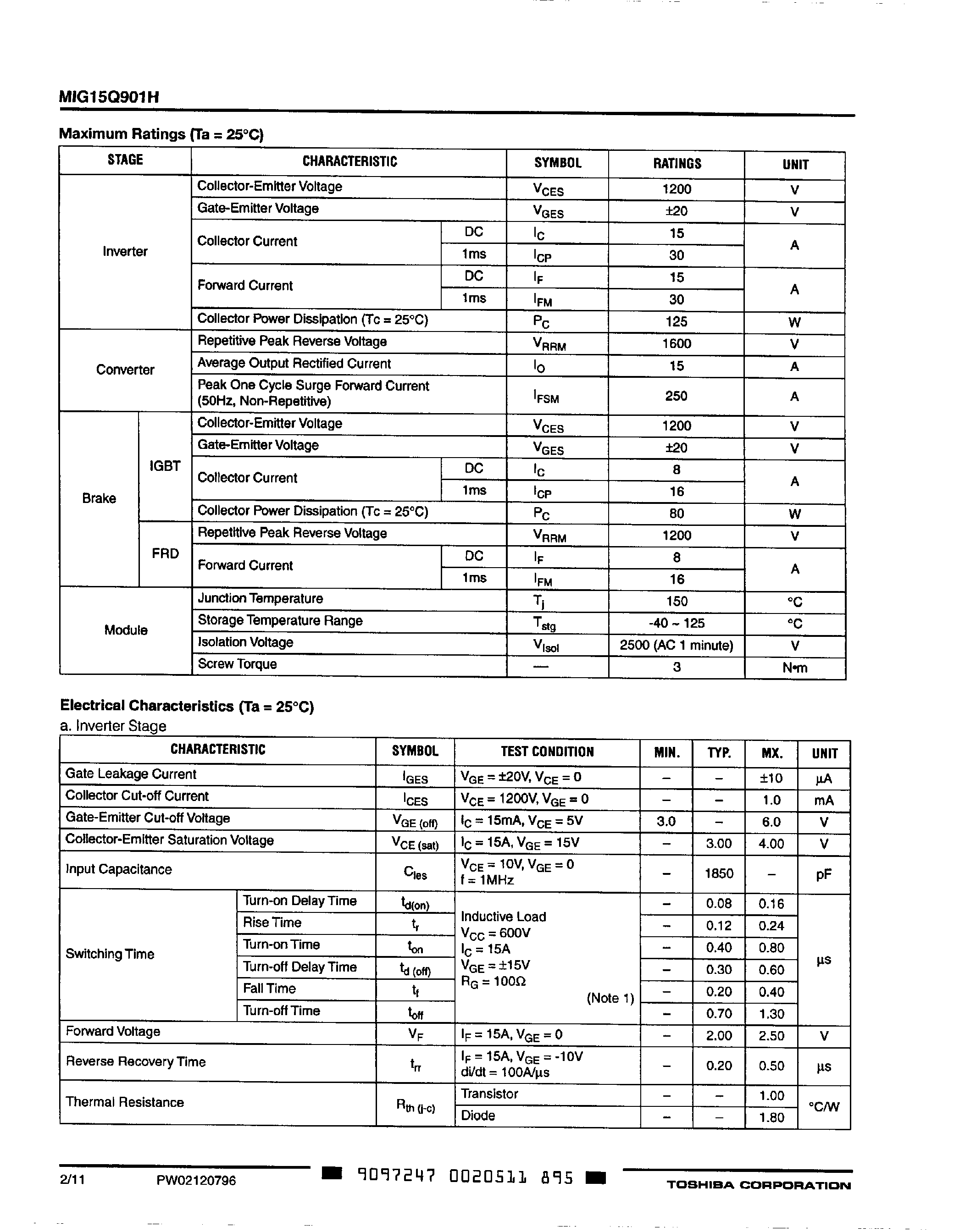 Datasheet MIG15Q901H page 2 Datasheet MIG15Q901H - High Power Switching Applications / GTR Module page 2