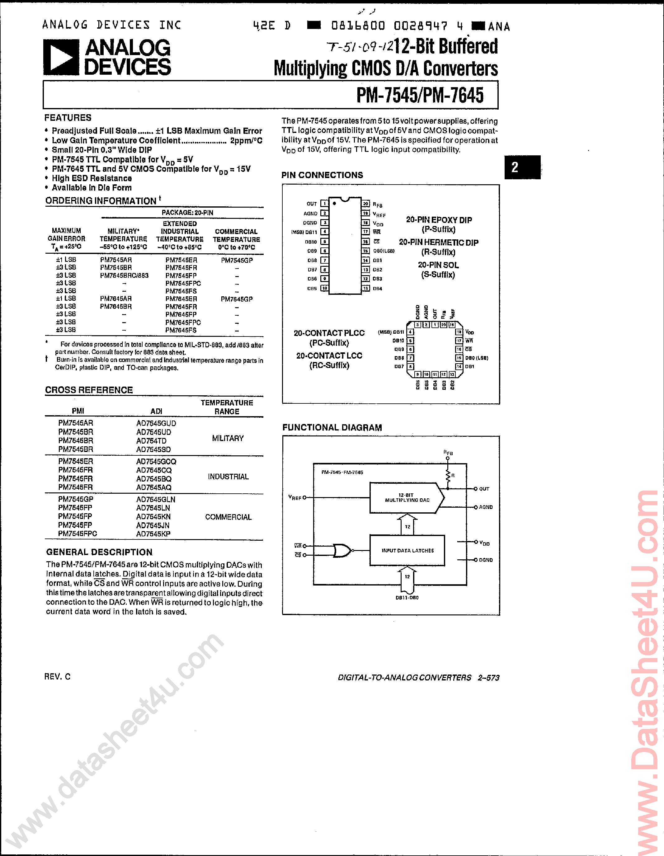 Даташит PM7545 - 12-Bit Buffered Multiplying CMOS D/A Converters страница 1
