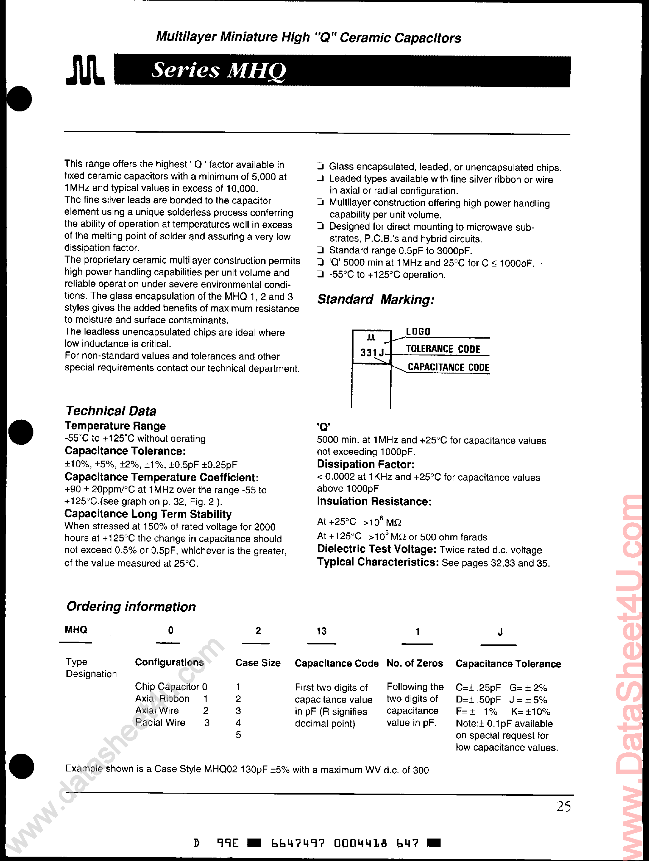 Datasheet MHQ01xxx page 1 Datasheet MHQ01xxx - (MHQ Series) Multilayer Miniature High Q Ceramic Capacitors page 1