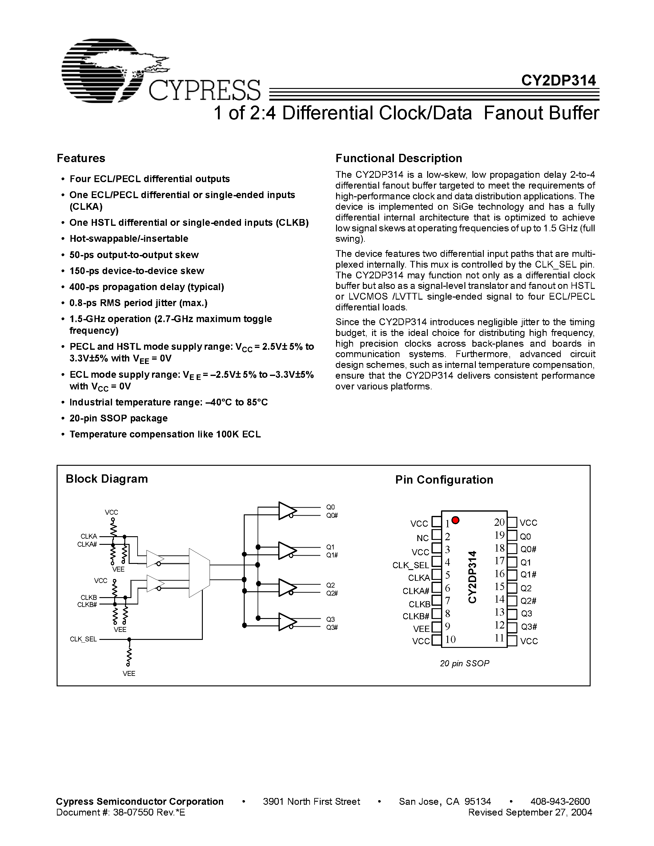 Datasheet CY2DP314 - 1 of 2:4 Differential Clock/Data Fanout Buffer page 1