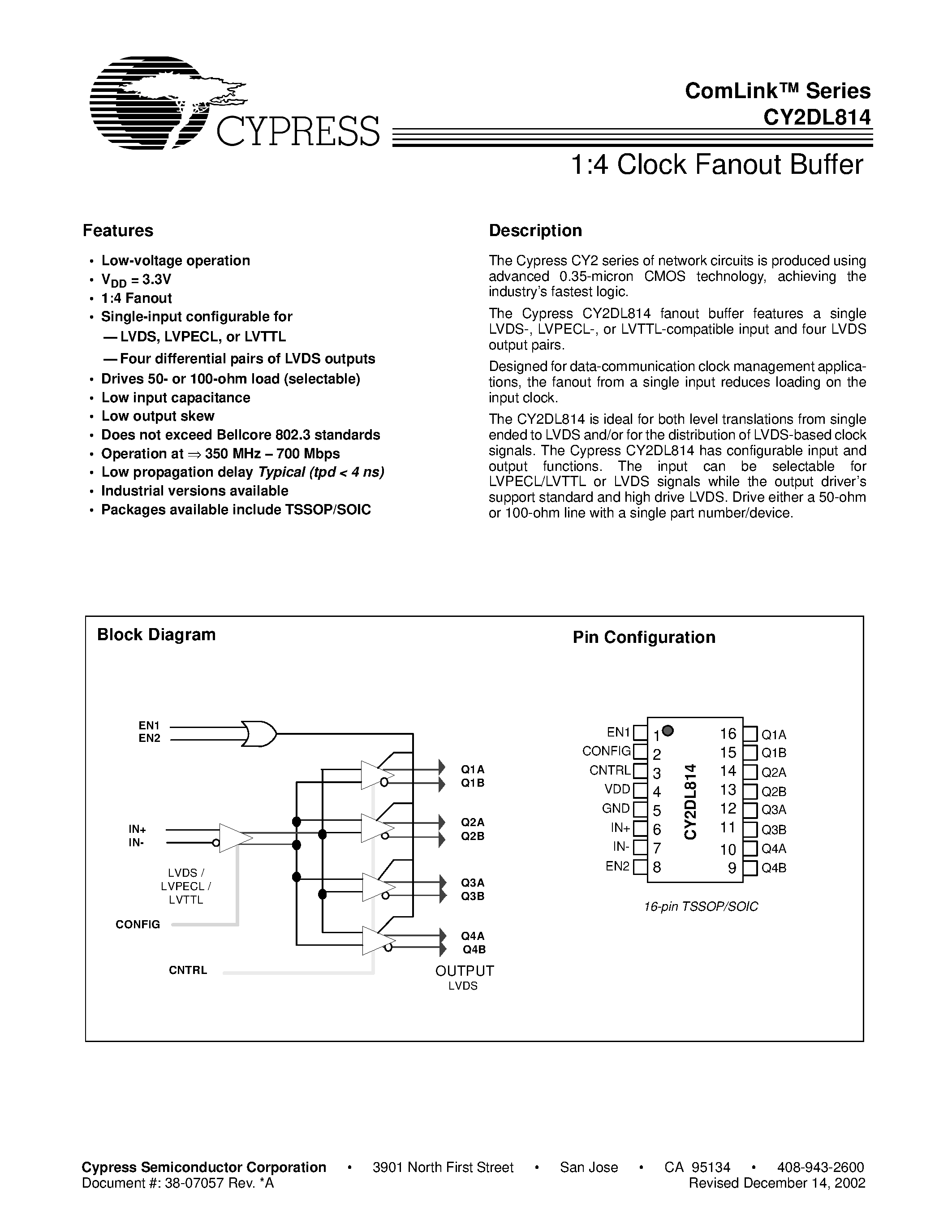 Datasheet CY2DL814 - 1:4 Clock Fanout Buffer page 1