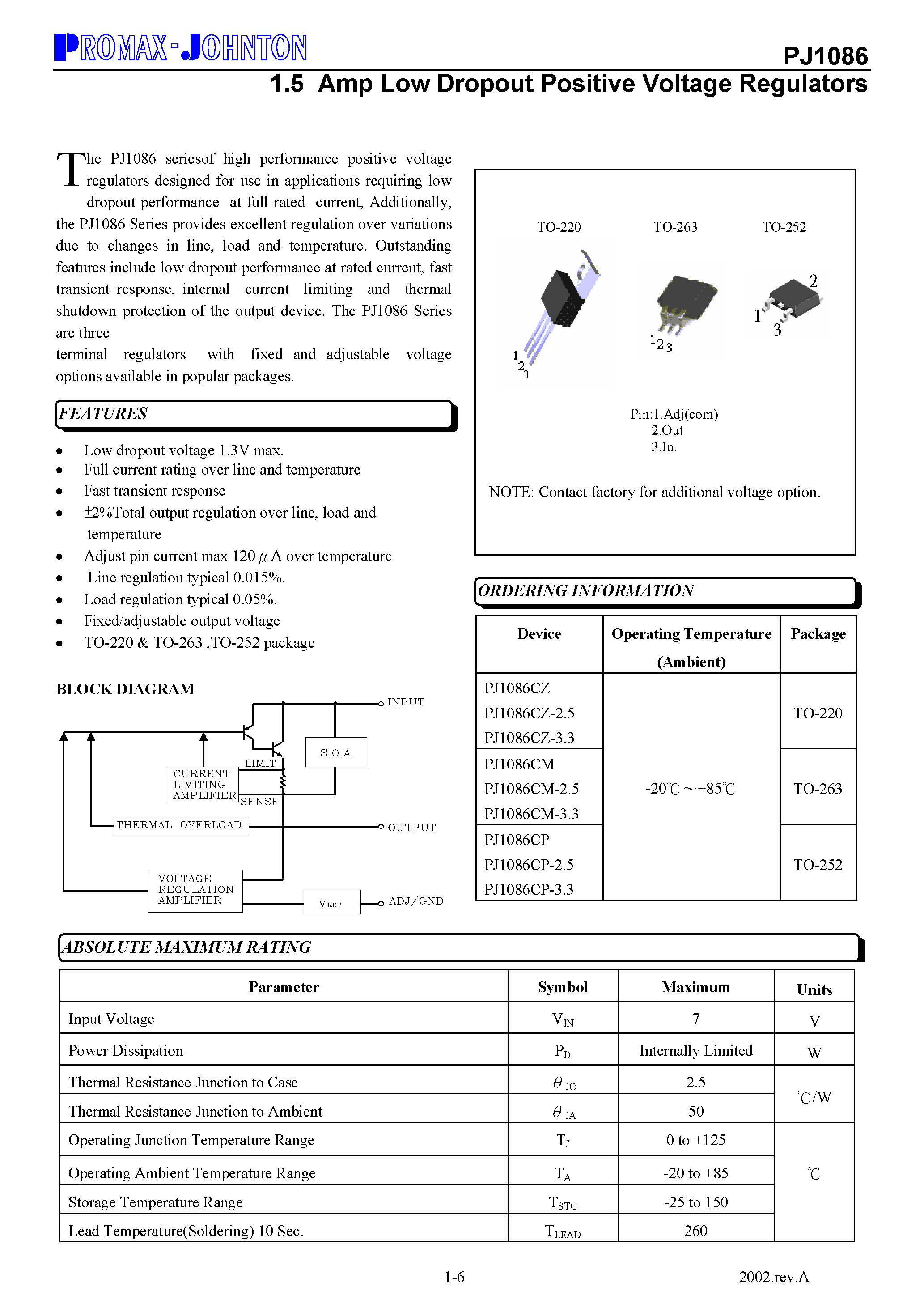 Datasheet PJ1086 - 1.5 Amp Low Dropout Positive Voltage Regulators page 1