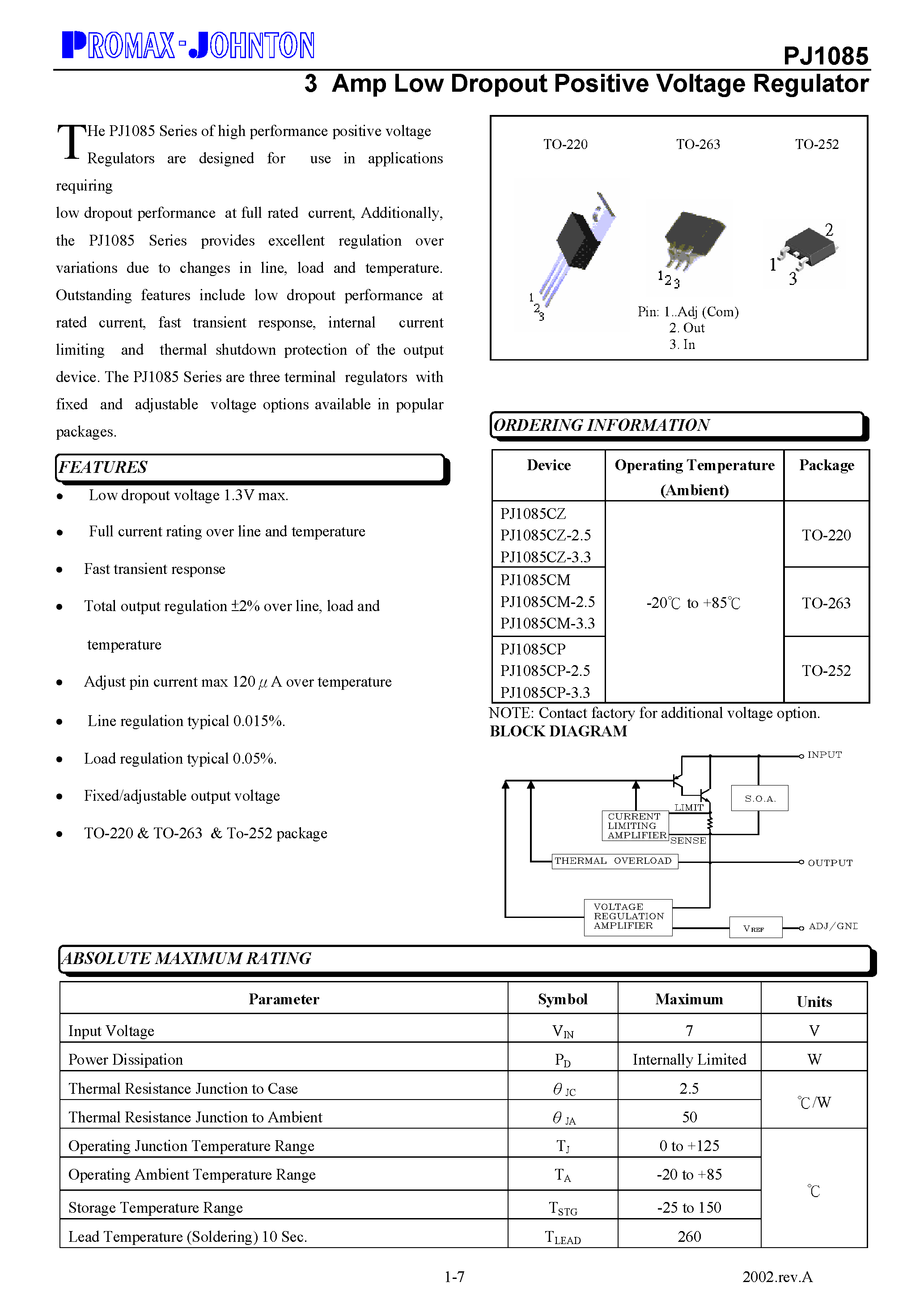 Datasheet PJ1085 - 3 Amp Low Dropout Positive Voltage Regulator page 1