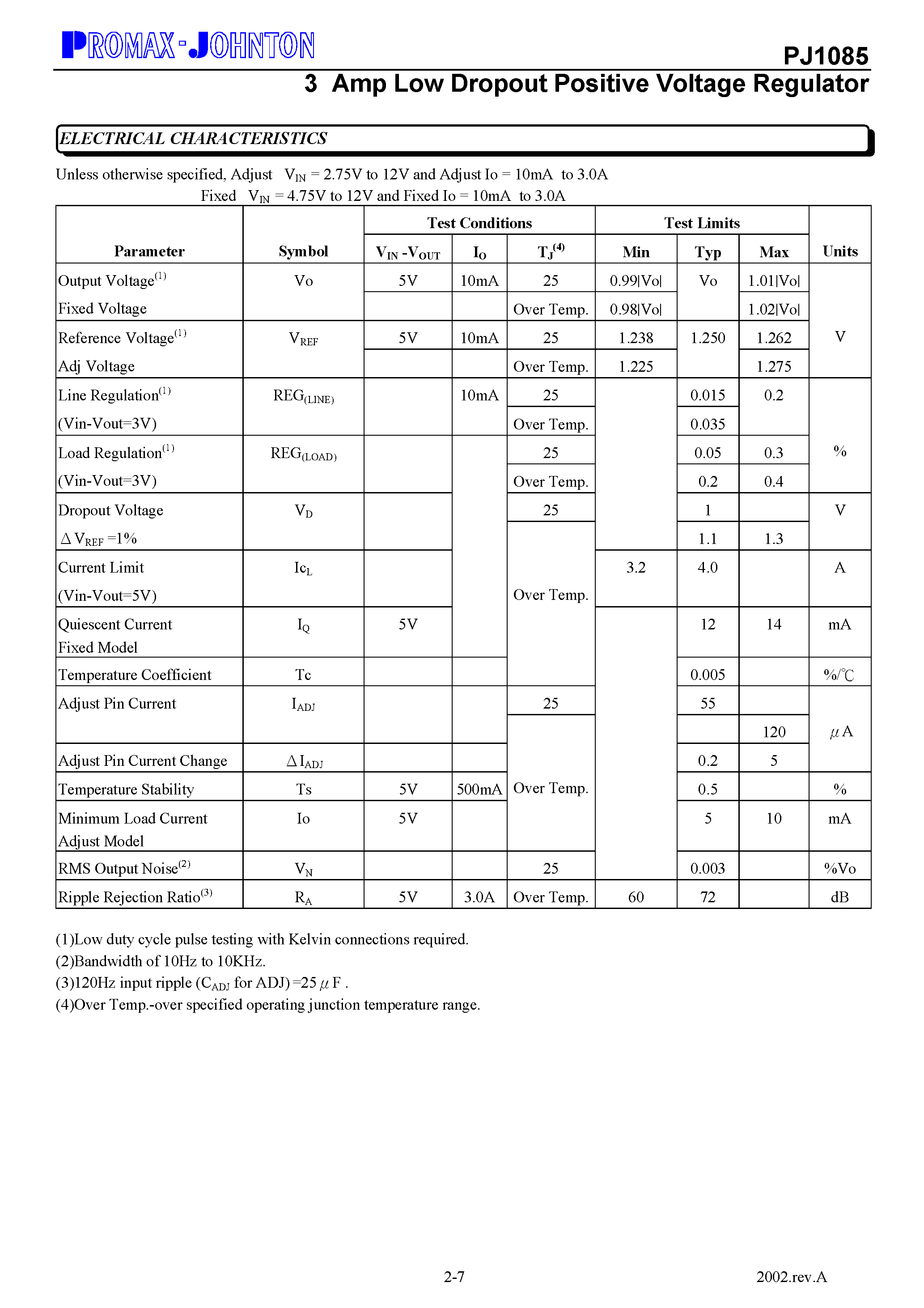 Datasheet PJ1085 - 3 Amp Low Dropout Positive Voltage Regulator page 2