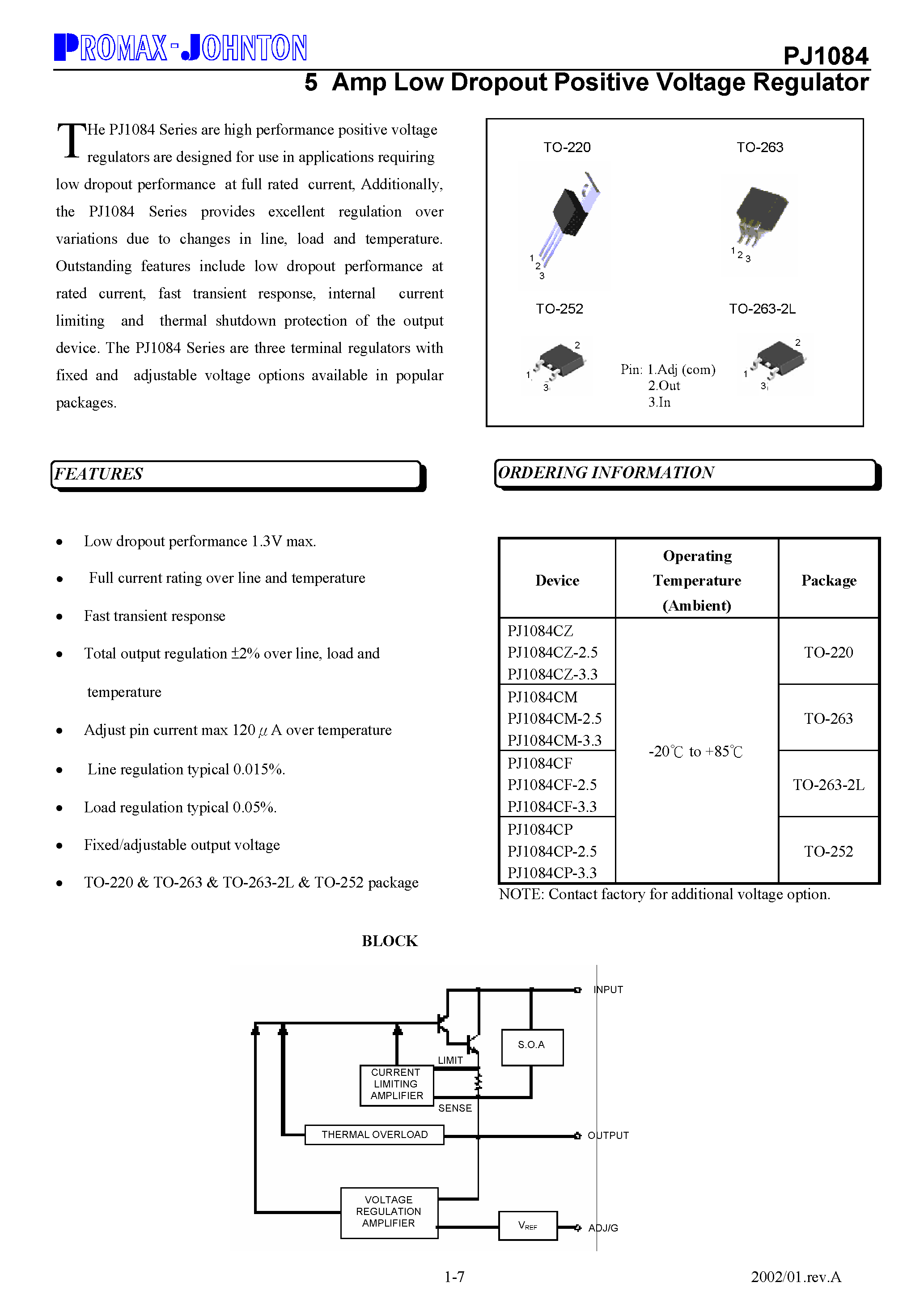 Datasheet PJ1084 - 5 Amp Low Dropout Positive Voltage Regulator page 1