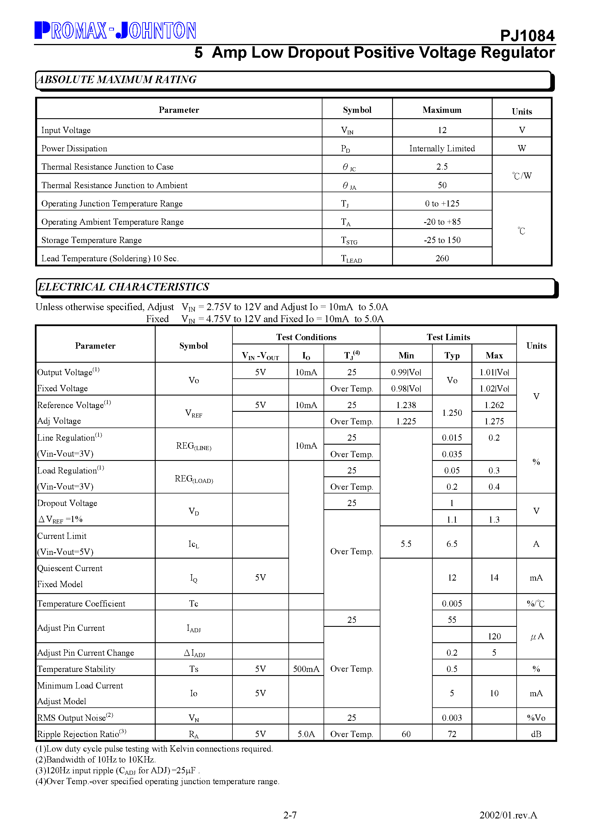 Datasheet PJ1084 - 5 Amp Low Dropout Positive Voltage Regulator page 2