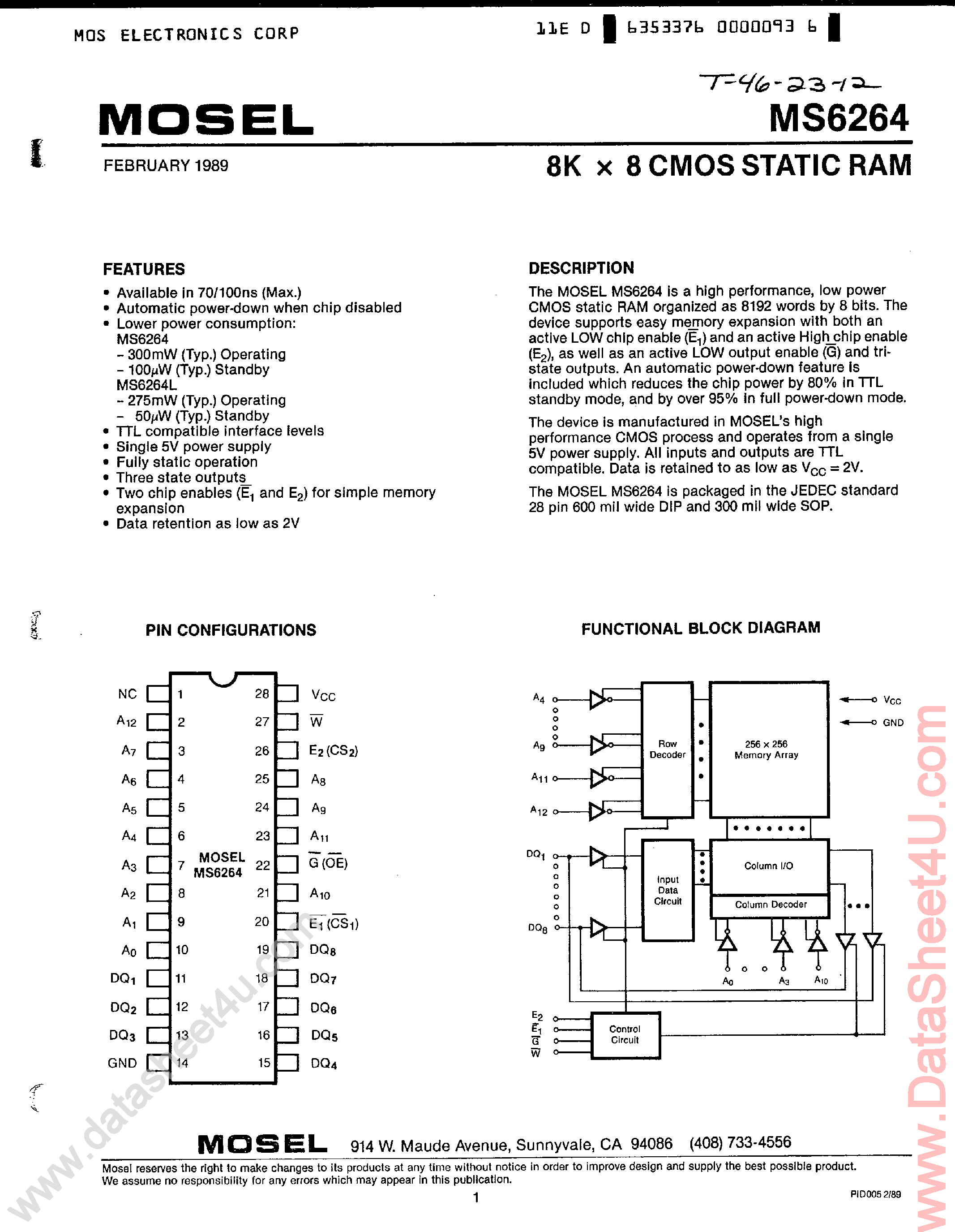 Datasheet MS6264 page 1 Datasheet MS6264 - 8K x 8 CMOS SRAM page 1