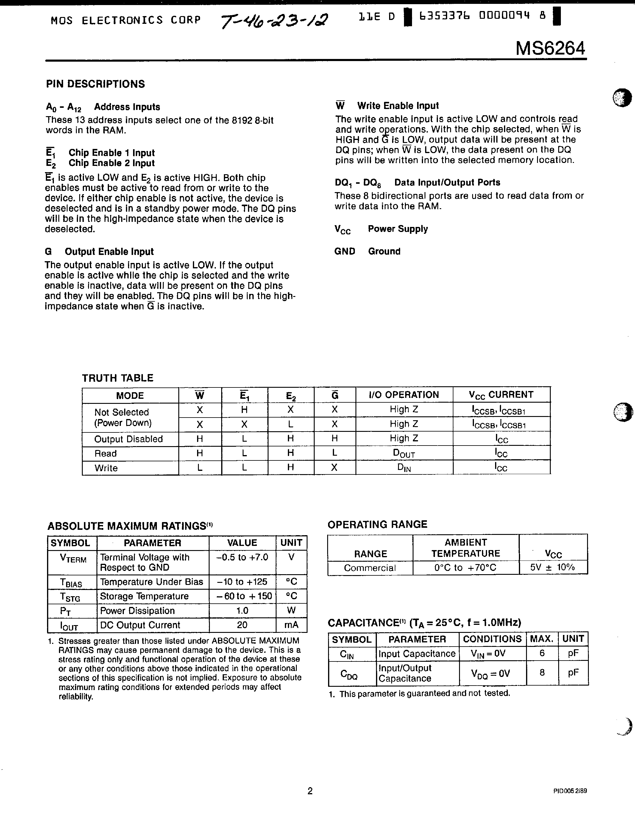 Datasheet MS6264 page 2 Datasheet MS6264 - 8K x 8 CMOS SRAM page 2