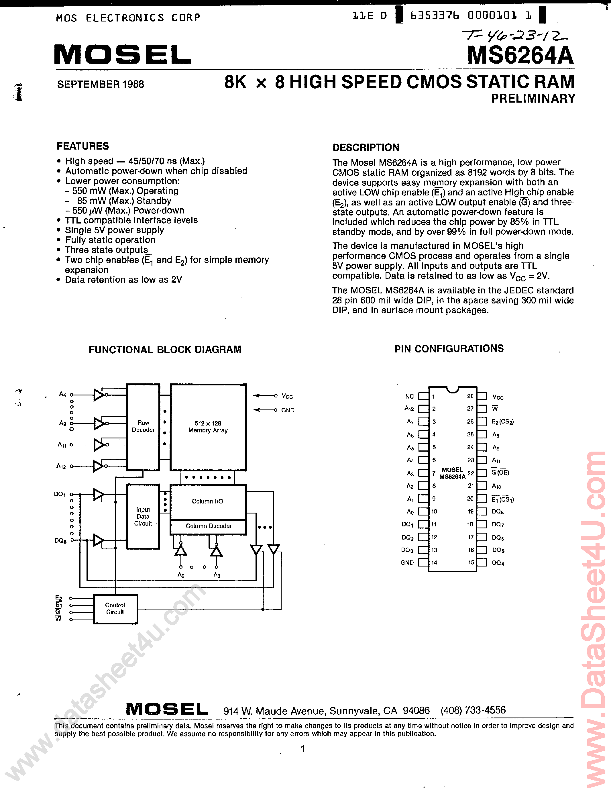Datasheet MS6264A - 8K x 8 High Speed CMOS SRAM page 1
