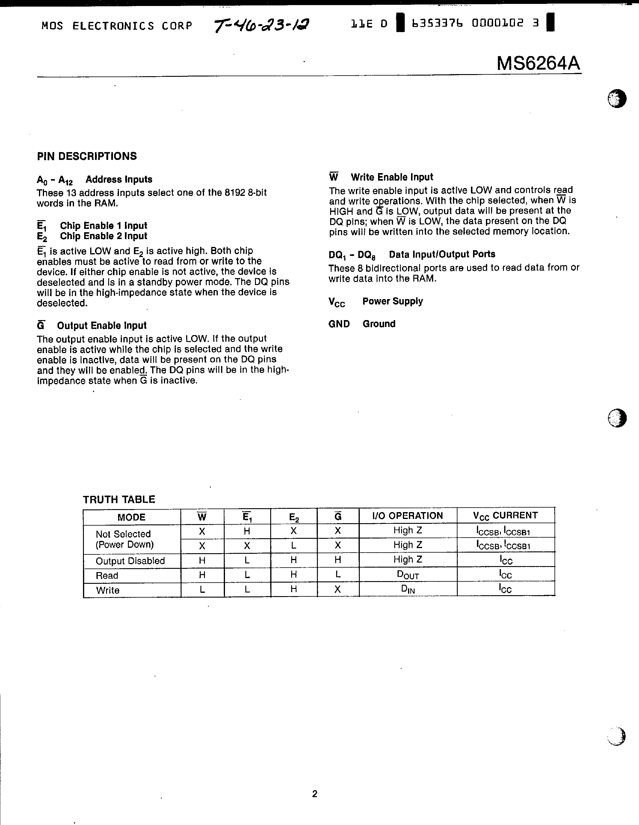 Datasheet MS6264A - 8K x 8 High Speed CMOS SRAM page 2