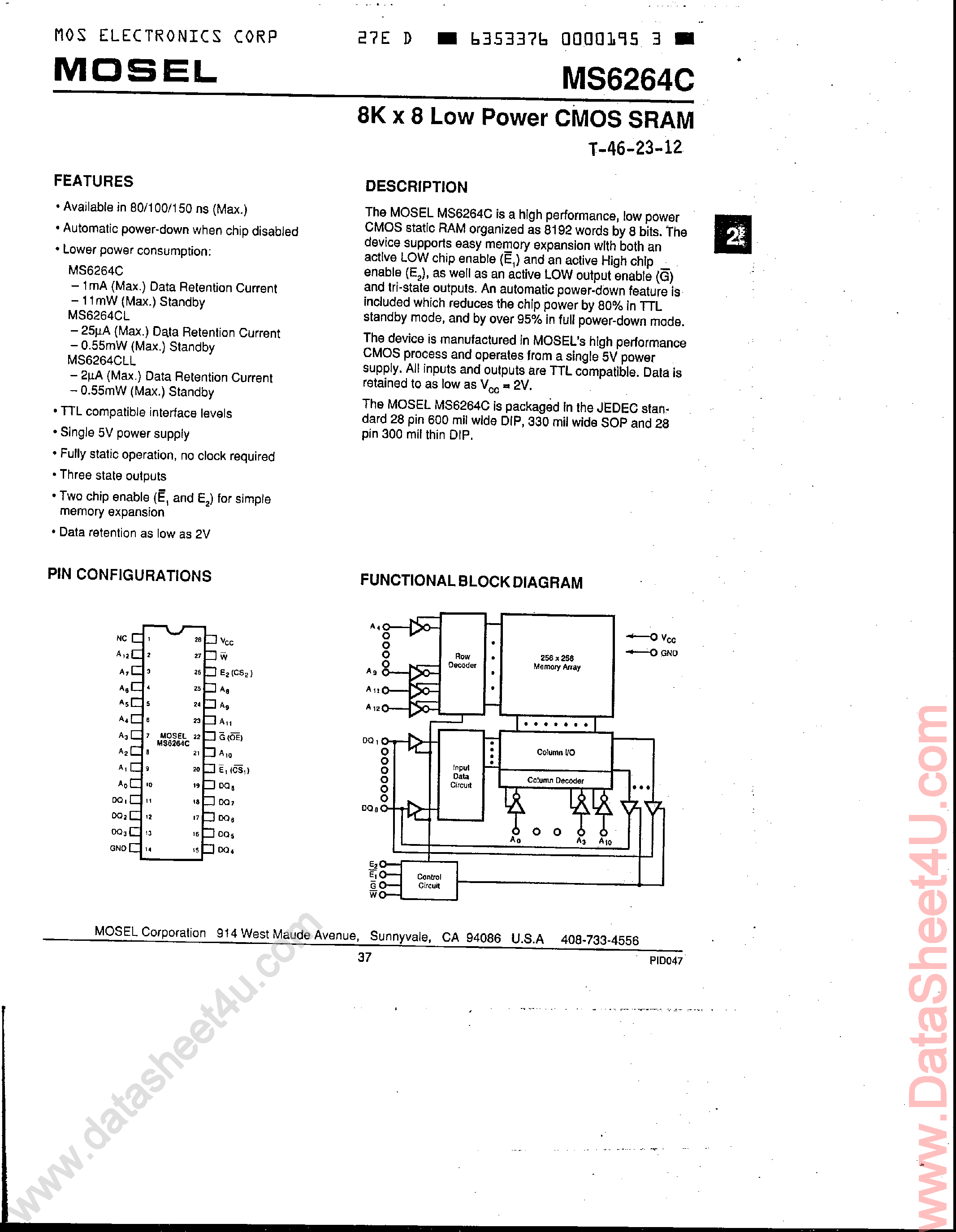 Datasheet MS6264C page 1 Datasheet MS6264C - 8K x 8 Low Power CMOS SRAM page 1